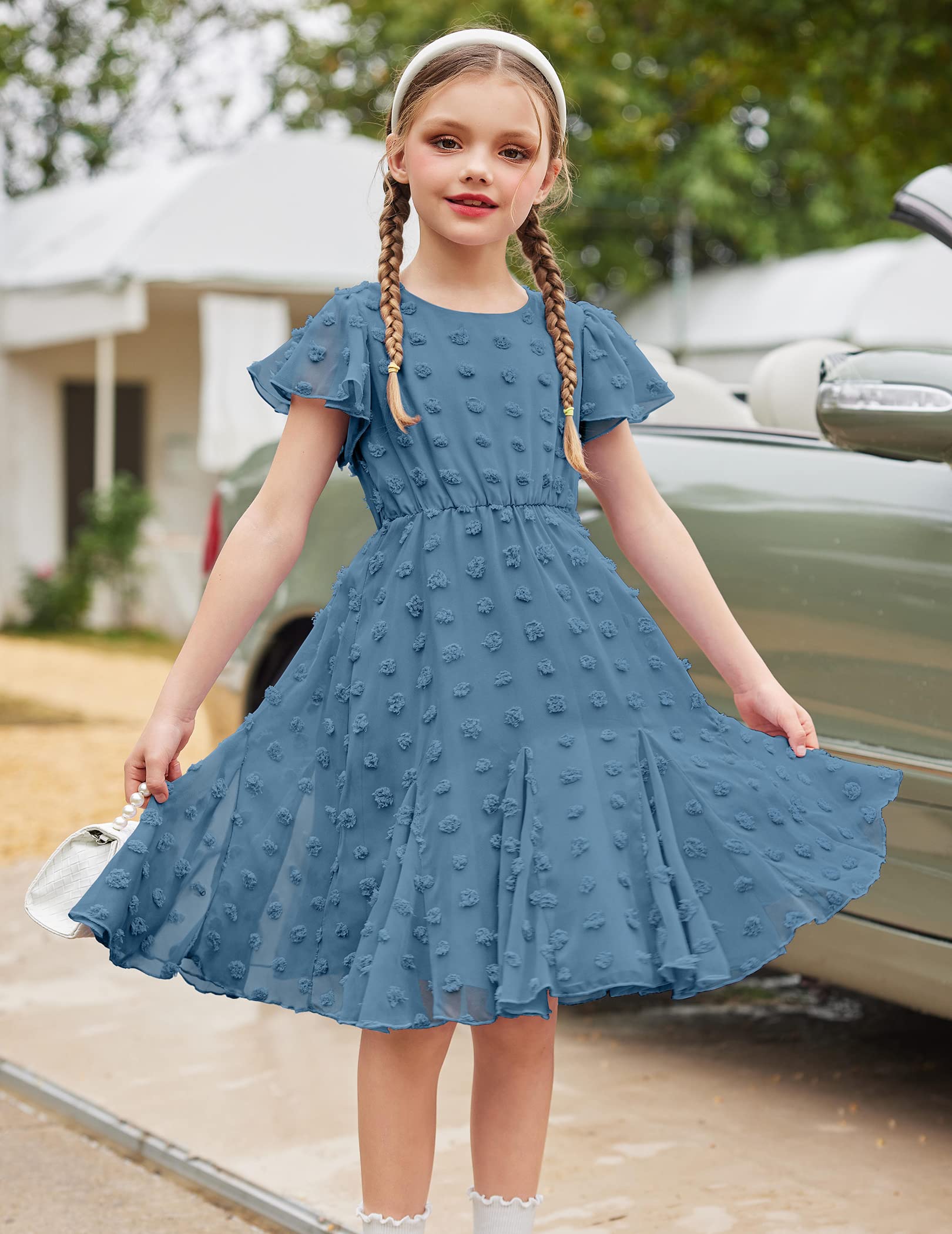 Flypigs Abiti da Bambina a Maniche Corte Abito da Principessa per Ragazza A-Line Elegante Abito da Sposa per Feste Tinta Unita Completi Scolastici Abbigliamento per Bambine 3-12 Anni