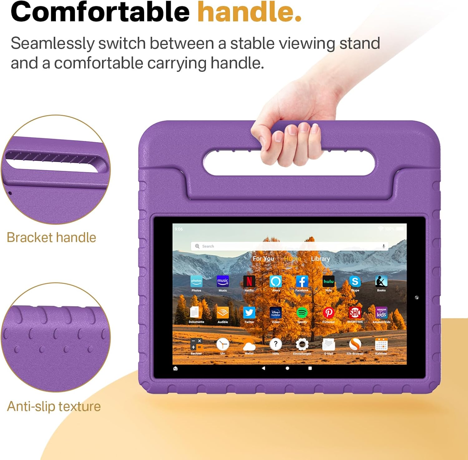 Kids Case for Amazon Kindle Fire HD 10 5th/7th/9th Generation 2015/2017/2019 Released, Shockproof Protective Tablet Cases with Adjustable Handle Stand, Purple