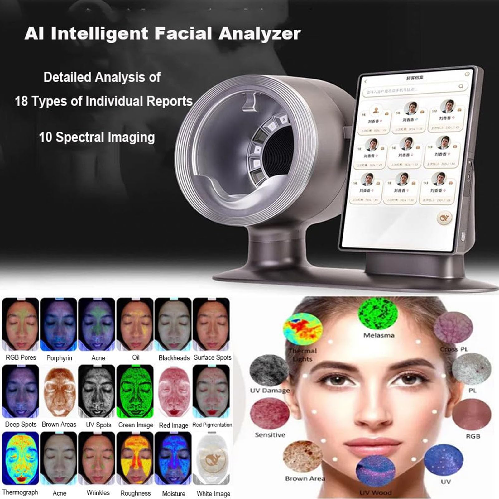 Hautanalysator Detektor 15,6 Zoll HD-Bildschirm AI Smart Gesichtshaut Analysegerät 10 Spektrum 20 Megapixel Gesichtsanalyse-System, Visualisierungsanalyse, Für Gesunde Hautpflege
