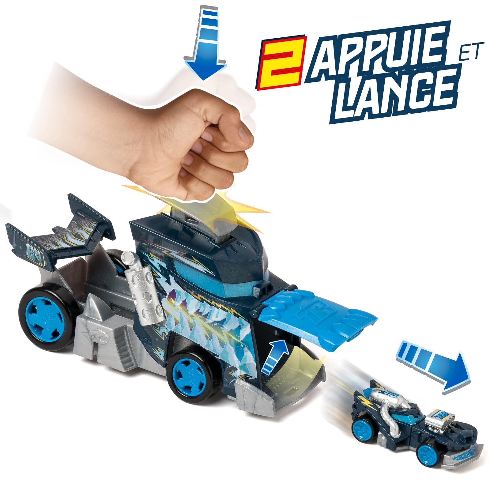 T-RACERS MIX´N RACE Ice Launcher Truck – Ciężarówka z wyrzutnią. Zawiera 1 ekskluzywny pojazd T-Racers – naciśnij przycisk na dachu, aby wystrzelić samochód. Kompatybilny z innymi pojazdami T-Racers