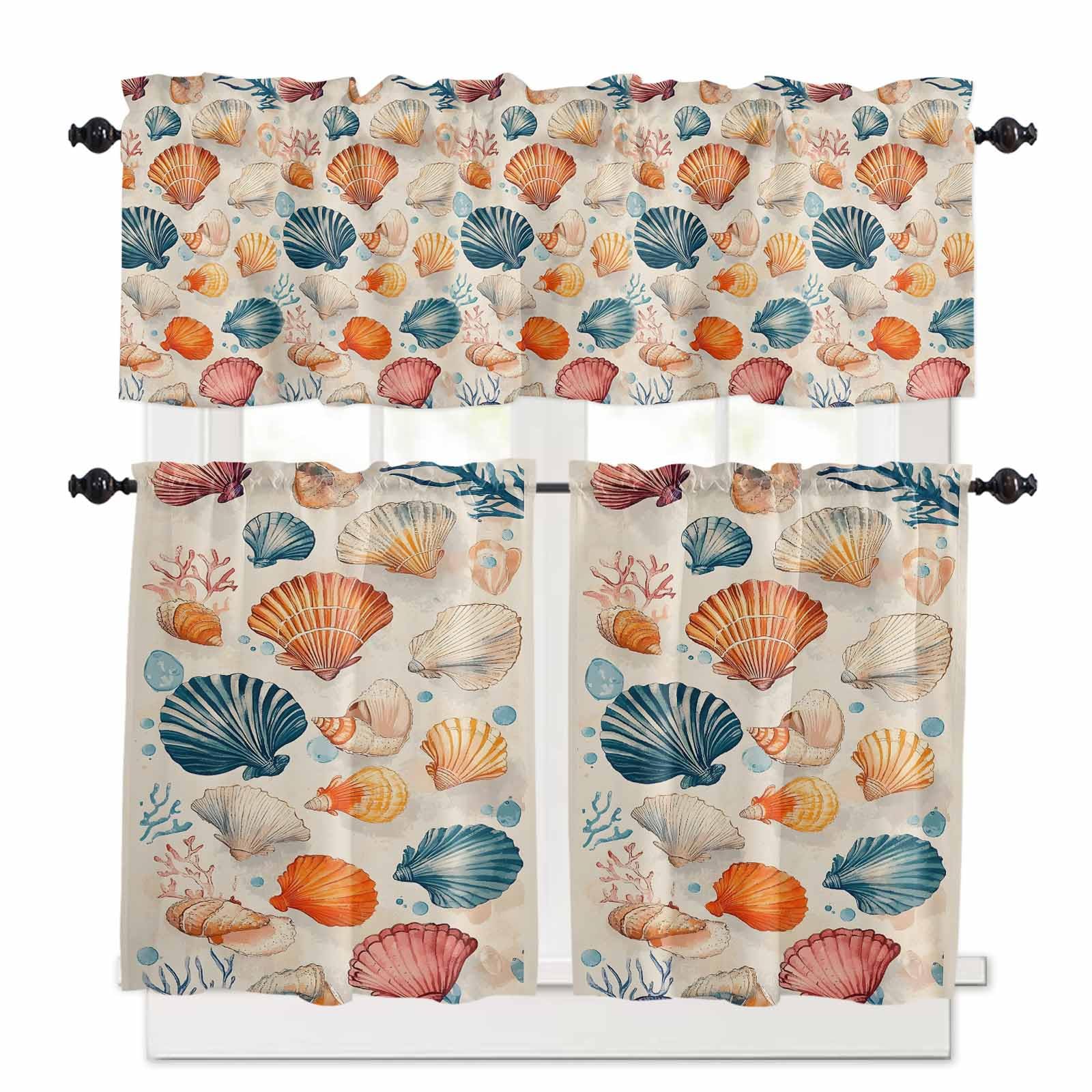 Beach Coastal Kitchen Curtains 36 Inch Length, 3 Piece Rod Pocket Small Half Tiers and Valance Set, Summer Nautical Shell Starfish Small Large Window Treatment Decor for Bedroom/Bathroom Sink