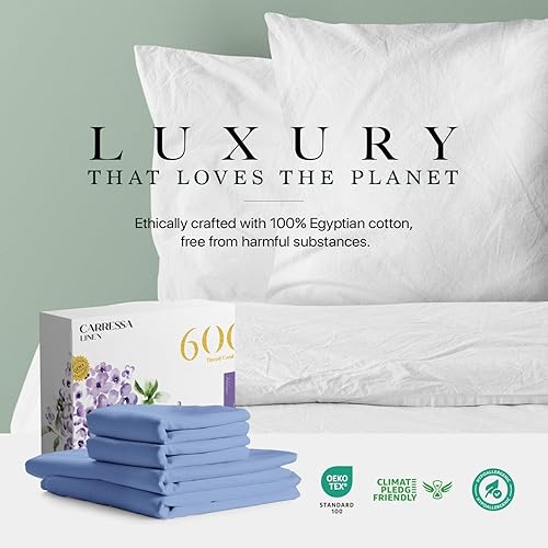 Miniatura 8 de Carressa Linen Sábanas 100% de algodón egipcio tamaño matrimonial, sábanas de algodón egipcio de 600 hilos tamaño matrimonial (4 piezas, azul