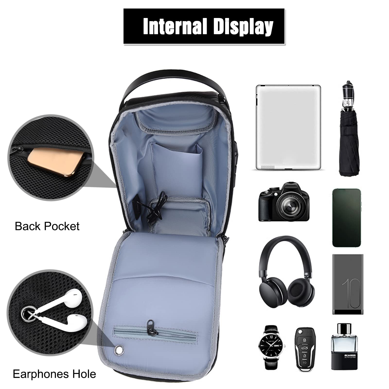 FANDARE Antifurto Zaino Monospalla Uomo Borse piccole a tracolla con USB Business Borsa a Spalla Impermeabile Stile auto sportive per Scuola Outdoor Ciclismo Viaggio Multitasche Piccolo Zaino Nero A