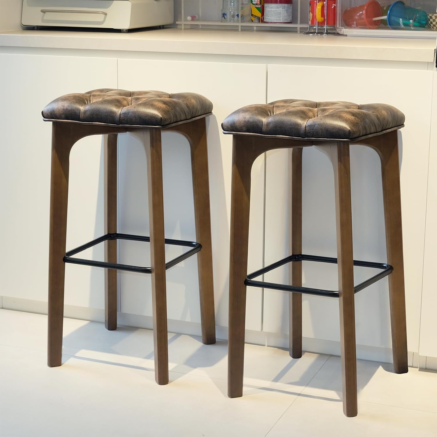 Bar Stools Set of 2, BarEasy 30in Backless Barstools, Modern Breathable Faux Leather Upholstered Bar Chairs Bar Stool with Footrest,Bar Height Stools for Bars Pubs,Home Bar and Entertainment Area,Cafe