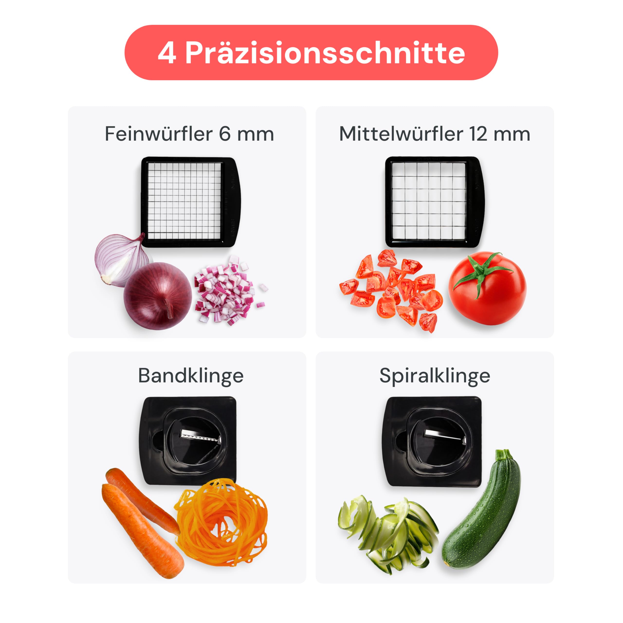 Fullstar Gemüseschneider und Spiralschneider - Zwiebelschneider Zerkleinerer - Gemüse Schneider Würfelschneider für Kartoffeln Gurken Früchte - Küchenzubehör und Küchengeräte (PRO 4-in-1, Weiß)