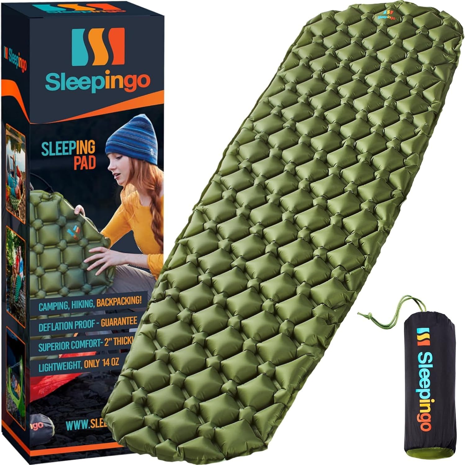 Camping Sleeping Pad - Mat (Large) Ultralight 14.5 OZ Best Sleeping Pads Backpacking Hiking Air Mattress - Lightweight Inflatable & Compact Camp Sleep Pad