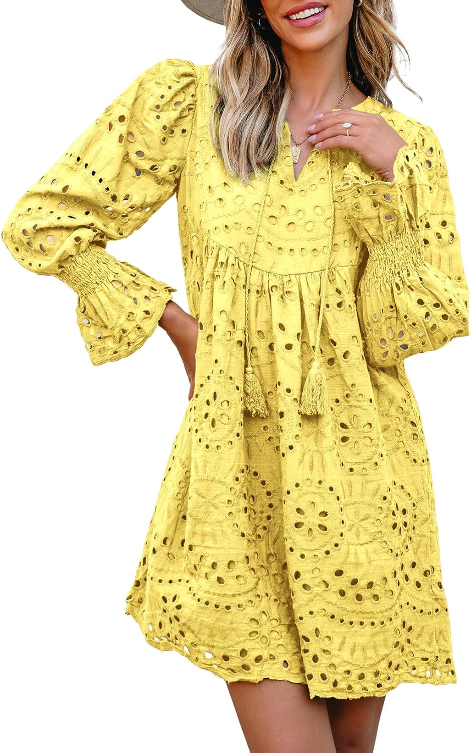 Dokotoo Womens 2026 Boho Dress Tassel V Neck Long Sleeve A Line Casual Hollow Out Lace Ruffle Party Dresses