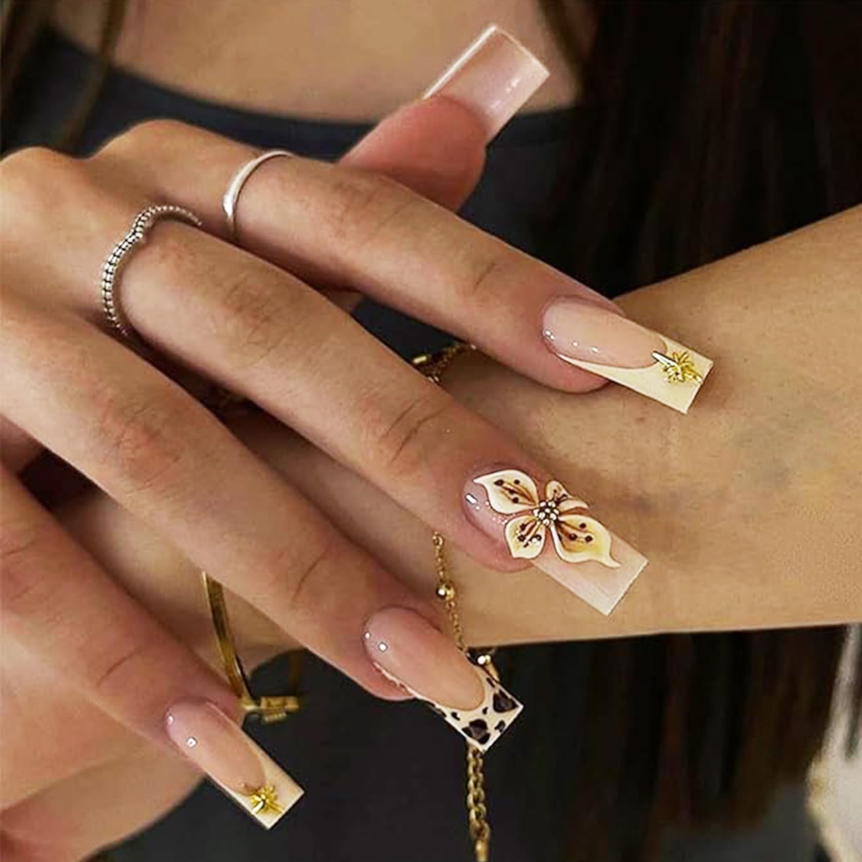 24-Piece Long Square Press-On Nails with 3D Floral Design, Glossy Leopard Print and Rhinestone Accents