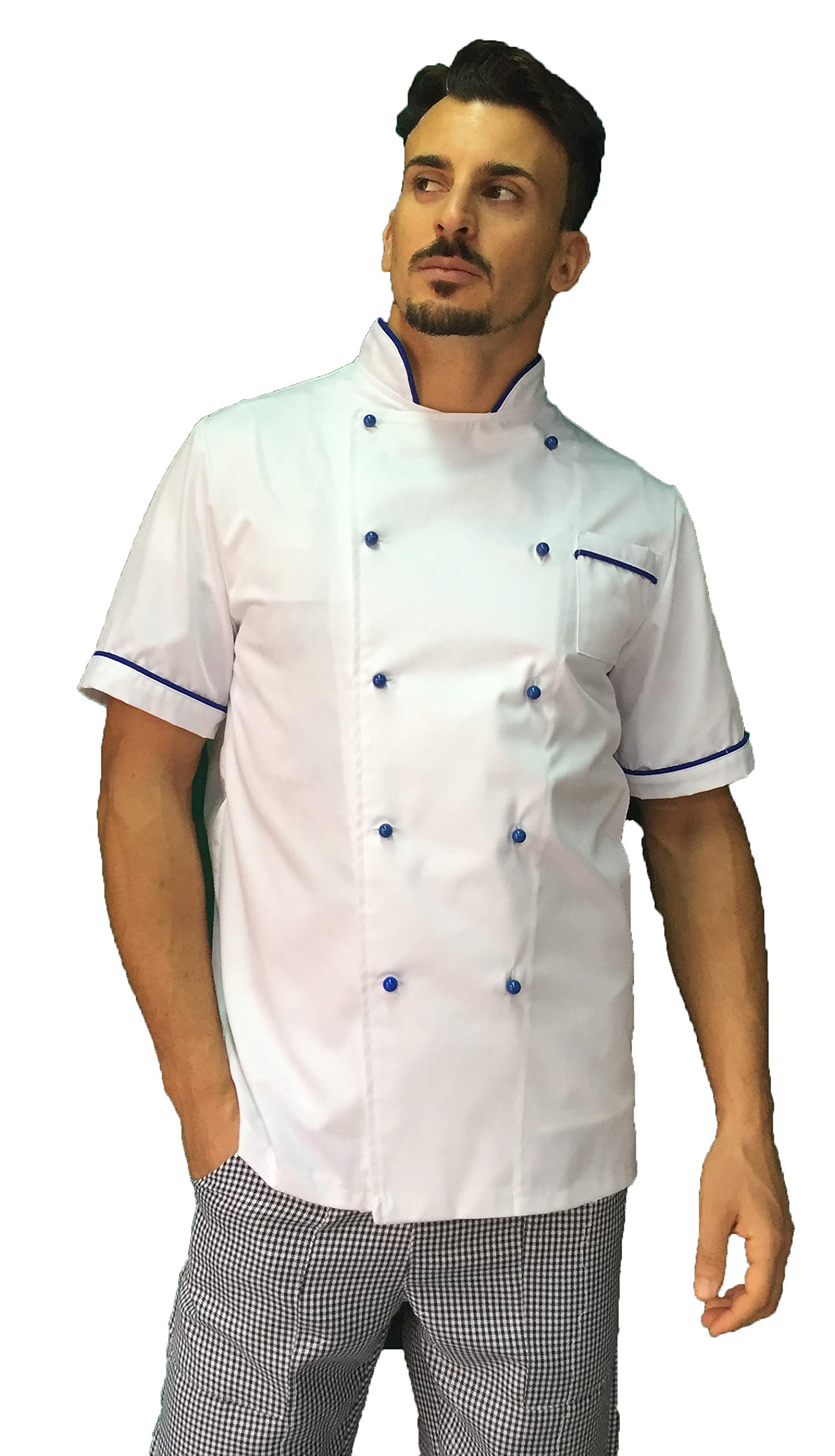 Bordado gratuito – Juego de cocinero de cocina – Uniforme Chef blanco y Royal – Chaqueta, pantalón y delantal – Fabricado en Italia