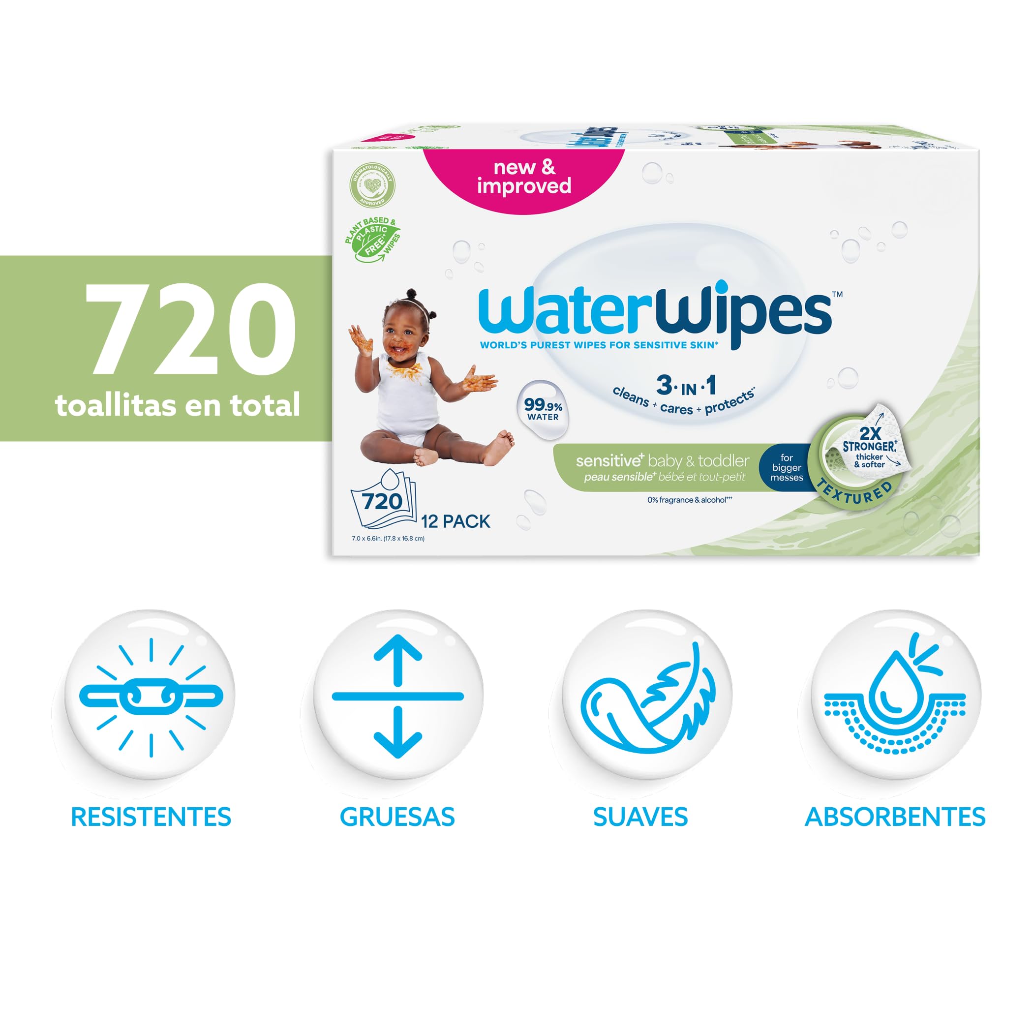 WaterWipes Sensitive+ Baby & Toddler Wipes, Toallitas Para Bebés y Niños Pequeños, 720 unidades (paquete de 12), 3 en 1 Limpia, Cuida, Protege, 99,9% Agua, Textura Limpia, Sin perfume