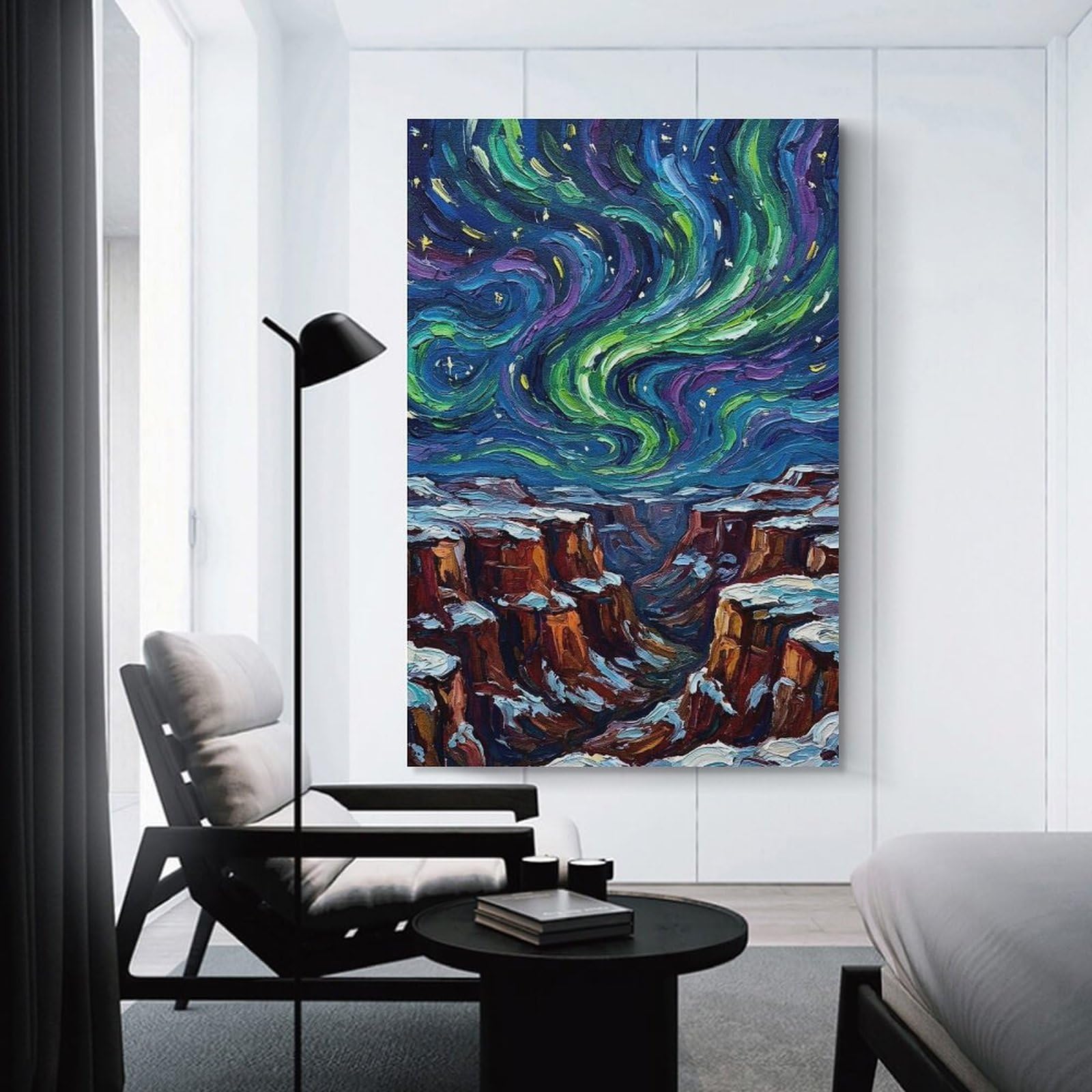 Junmoney Aurora Borealis Over Snowy Canyon Decorative Canvas Print 20x30inch(50x75cm), for Apartment Walls, Studios Or Work Areas, Home Artwork for Modern Interiors