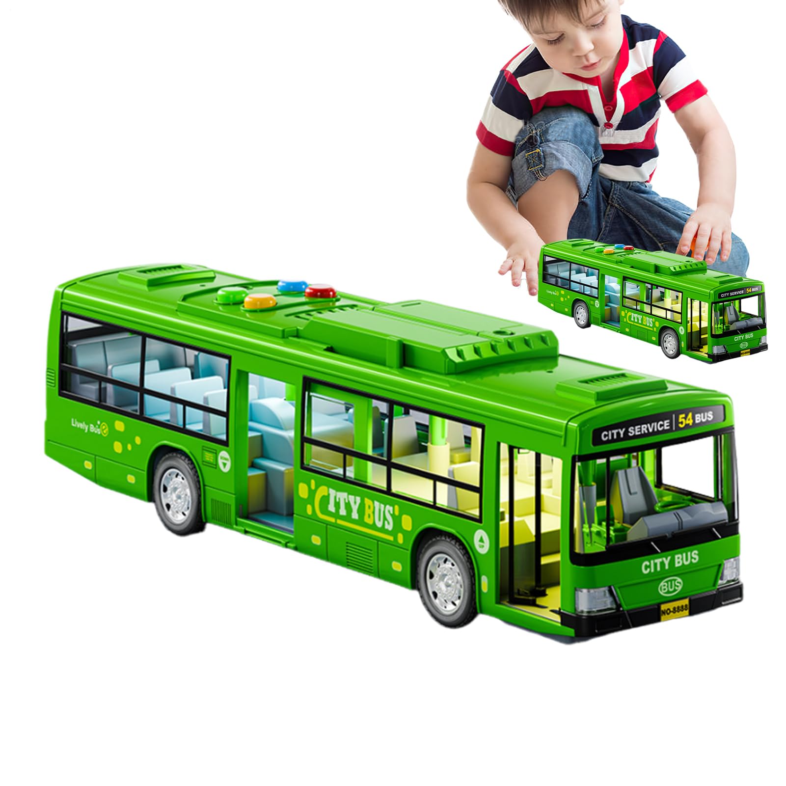 City Bus Toy - Large Electric Bus Toy, Battery-Operated Car Model with Music Light & Openable Doors | Educational Play Vehicles | Simulation Buss for Kids Birthday Gift Boys Children