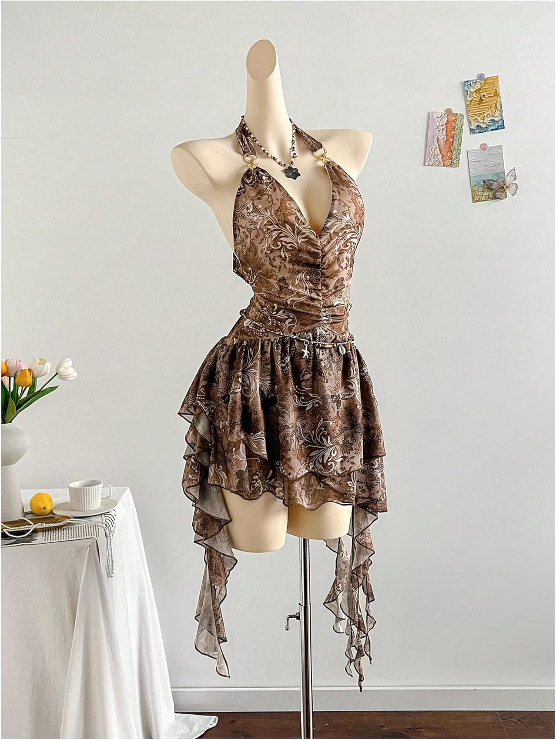 SHENHE Women's Y2k Floral Halter Dress V Neck Boho Mesh Ruched Ruffle Hem Flowy Asymmetrical Mini Dresses - Image 6