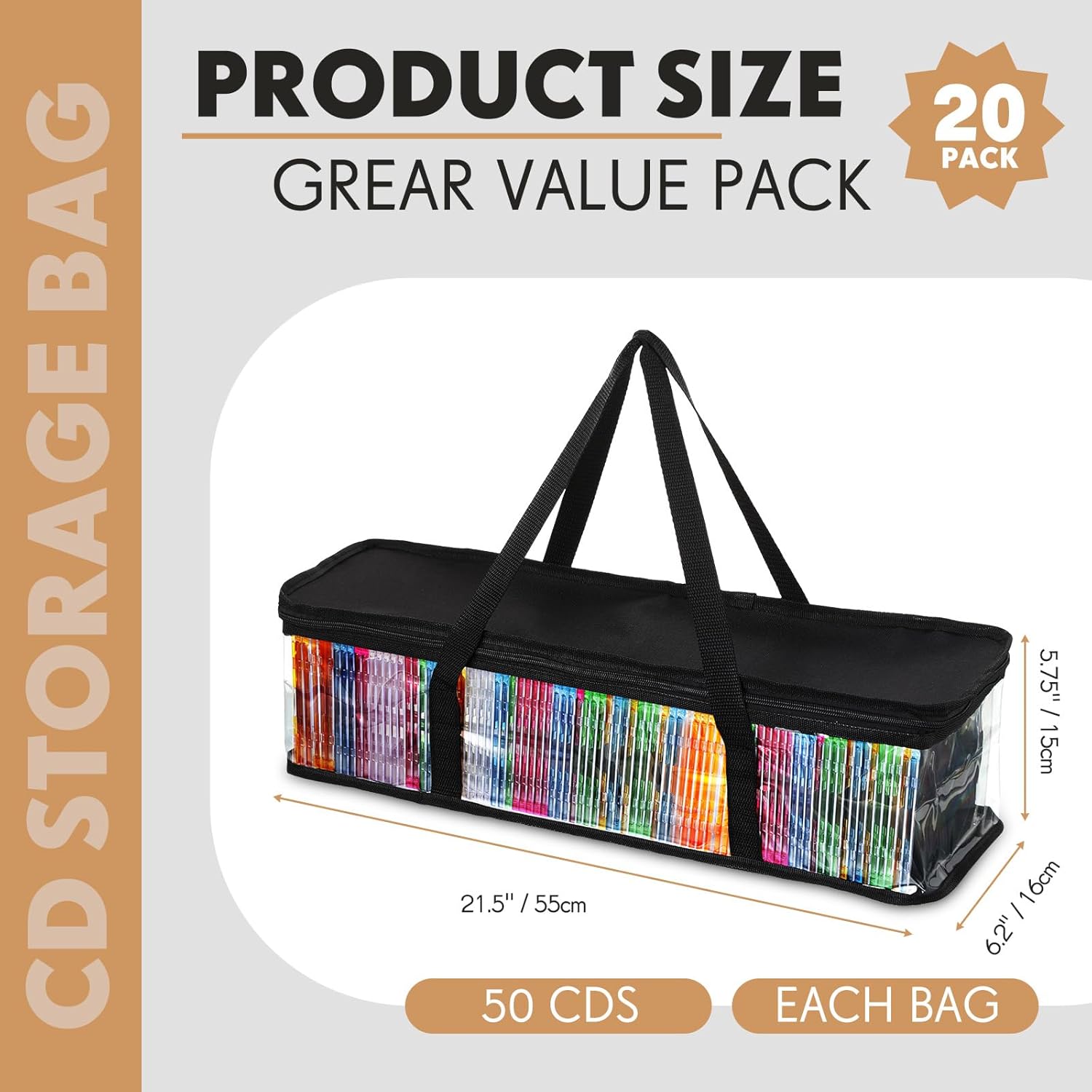 Woanger 20 Pieces Cd Storage Bags Transparent PVC DVD Storage Cases 1000 Cd Total Water Resistant DVD Holder with Handles and Zipper Clear Media Organizer for Albums Video Games
