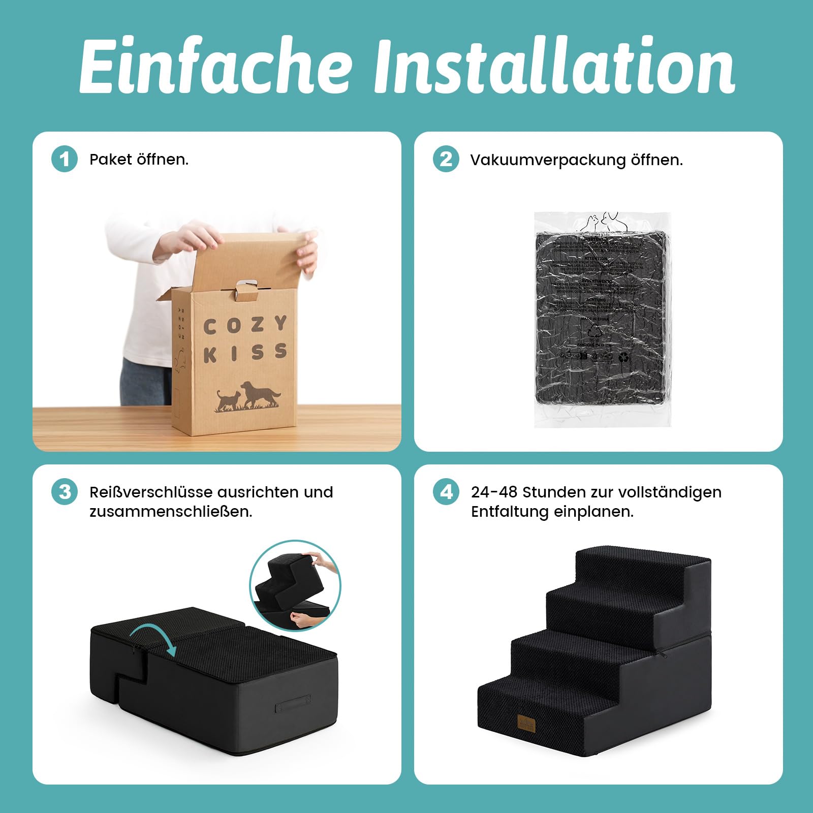 Hundetreppe 4 Stufen 45cm Hoch, 2-in-1 Hundetreppen für Kleine Hunde Alte Katzen, Faltbare Haustiertreppe Katzentreppe Sofa mit Waschbarem Bezug, 40x60x45cm (Schwarz)