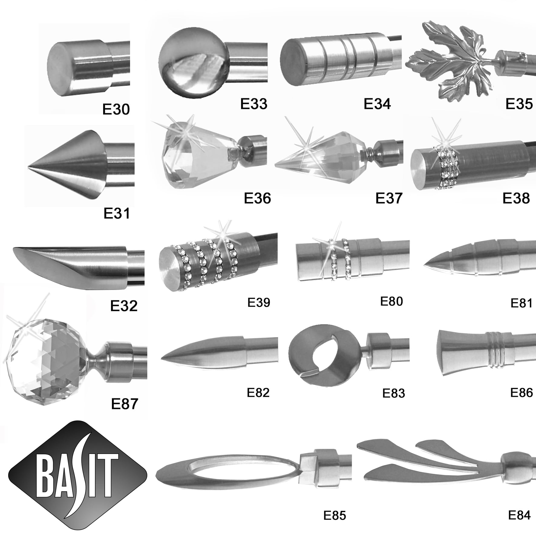 BASIT Gardinenstange Edelstahllook 20mm 1-läufig Decke 280cm lang D31 | Gardinenstangenset einläufig Deckenmontage Metall Vorhangstange Deckenhalterung 120-600cm wählbar Kappe E30