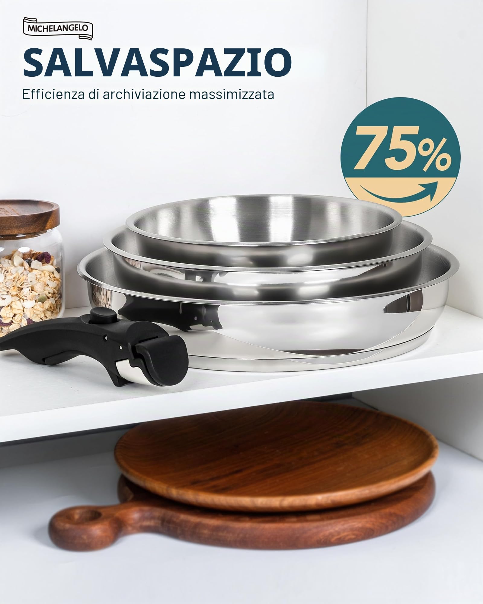 MICHELANGELO Set di padelle in acciaio inox con manico rimovibile, base tripla, compatibile con induzione, 20,3 cm, 24,1 cm e 28 cm