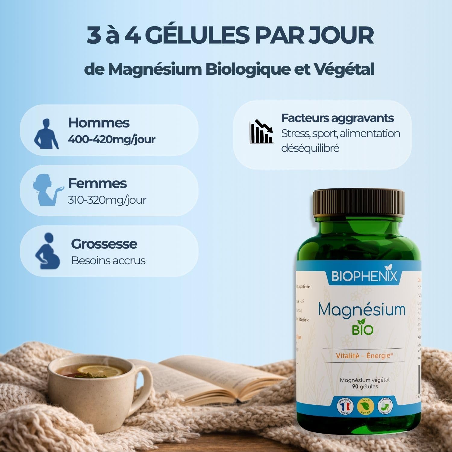 Biophénix - Magnésium Bio 90 Gélules - Procédé Exclusif Extraction Intégrale® - 0% Excipient • 0% Additif • 0% Produit Chimique - Fatigue & Equilibre - Fabriqué en France - Vegan (Lot de 3)