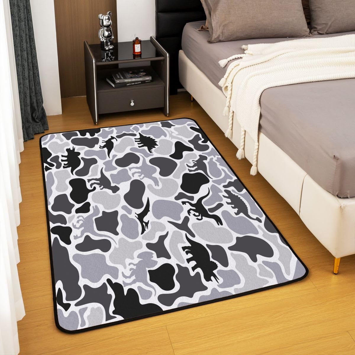Camo Dinosaurier Teppich 100x150cm Schwarz Grau Camouflage Modern Teppich Dschungel Dino Wohnzimmerteppich Dinosaurier Tier Küchenteppich Wildes Tier Weich Waschbar