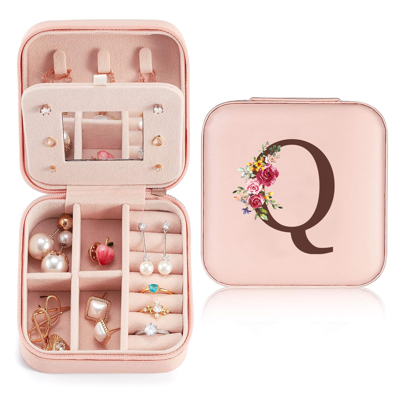 Sinekong Portagioie con Lettera Iniziale Q Portagioie con Fiore Piccoli Scatola Portagioie da Viaggio con Specchio Ragazza Donna Regalo per Damigella Compleanno Natale