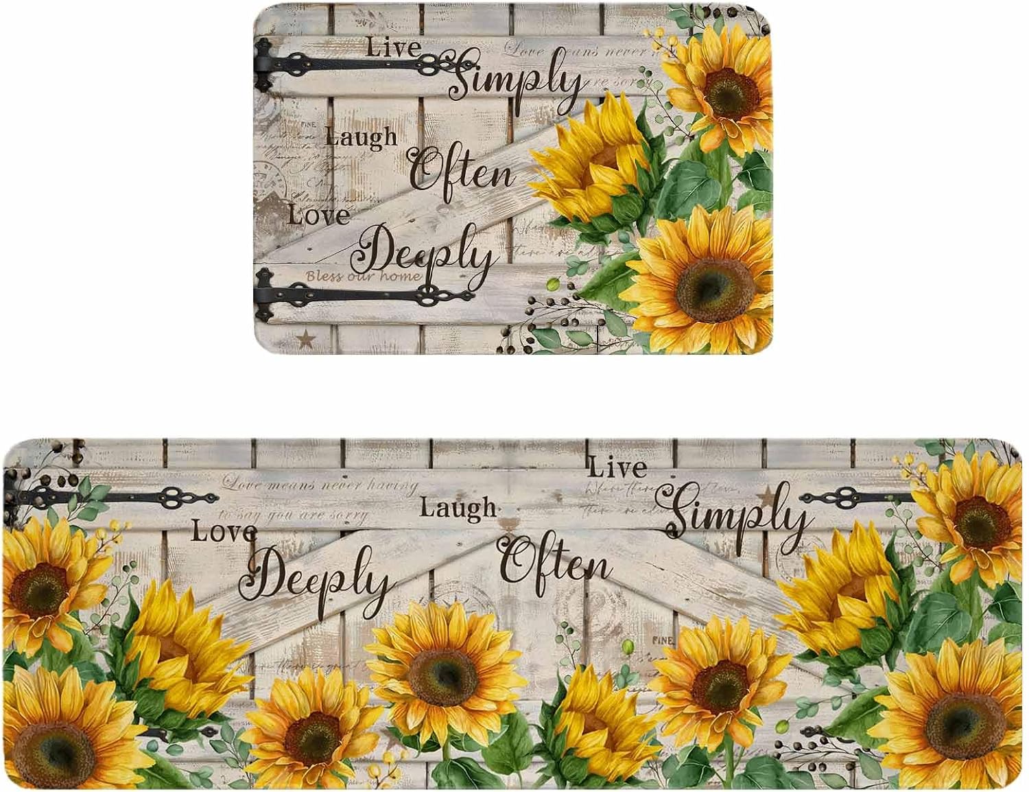 Sunflower Kitchen Rugs and Mats Set of 2, Non-Slip Kitchen Sink Mat, Yellow Flowers Summer Botanical Wooden Washable Doormat Bathroom Rugs Runner for Bedroom/Living Room 19.7"x31.5"+19.7"x63"