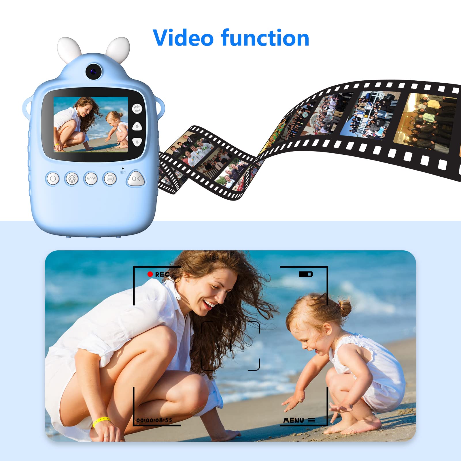 Uneeruiqy Children Instant Camera, Selfie Digital Camera with 1080P Videos, Toddler Camera Instant Print Toys, Portable Toys Camera with 2 Roller Photo Paper, Christmas Birthday Gifts