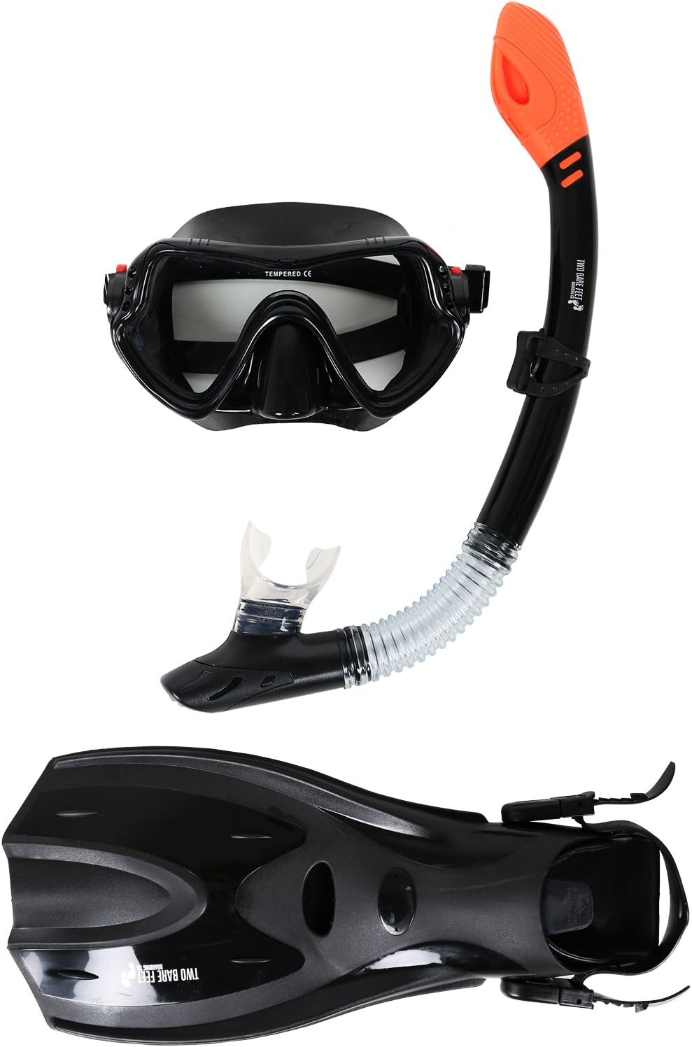 Two Bare FeetAdult Silicone Dry Top Snorkel, Silicone Mask & F70 fins Set (Black)