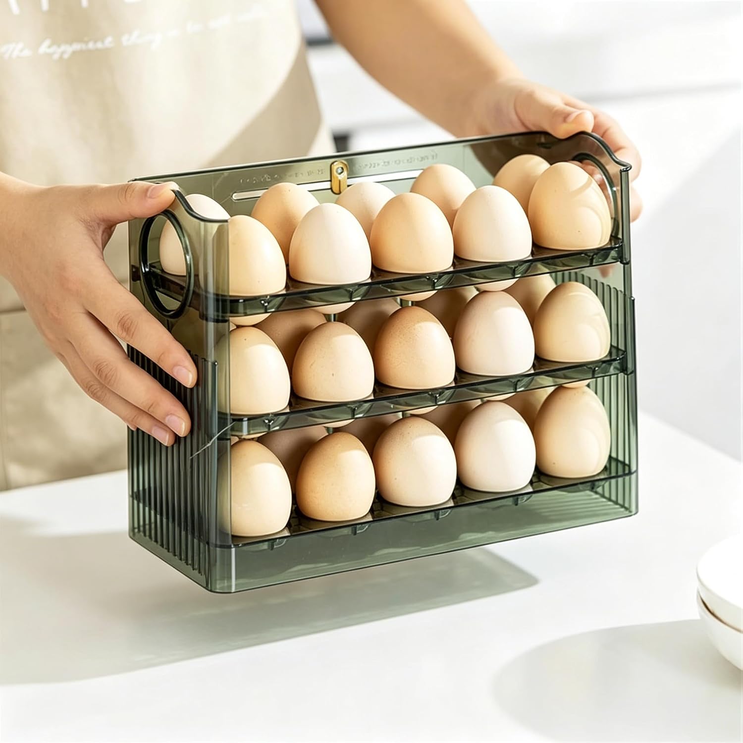 Generic Egg Holder, 3-Layer Clear Acrylic Egg Storage, Auto-Roll Egg Dispenser for Refrigerator, Fridge Egg Organizer with Date Marker, Stackable Egg Tray for Side Door Shelf Countertop