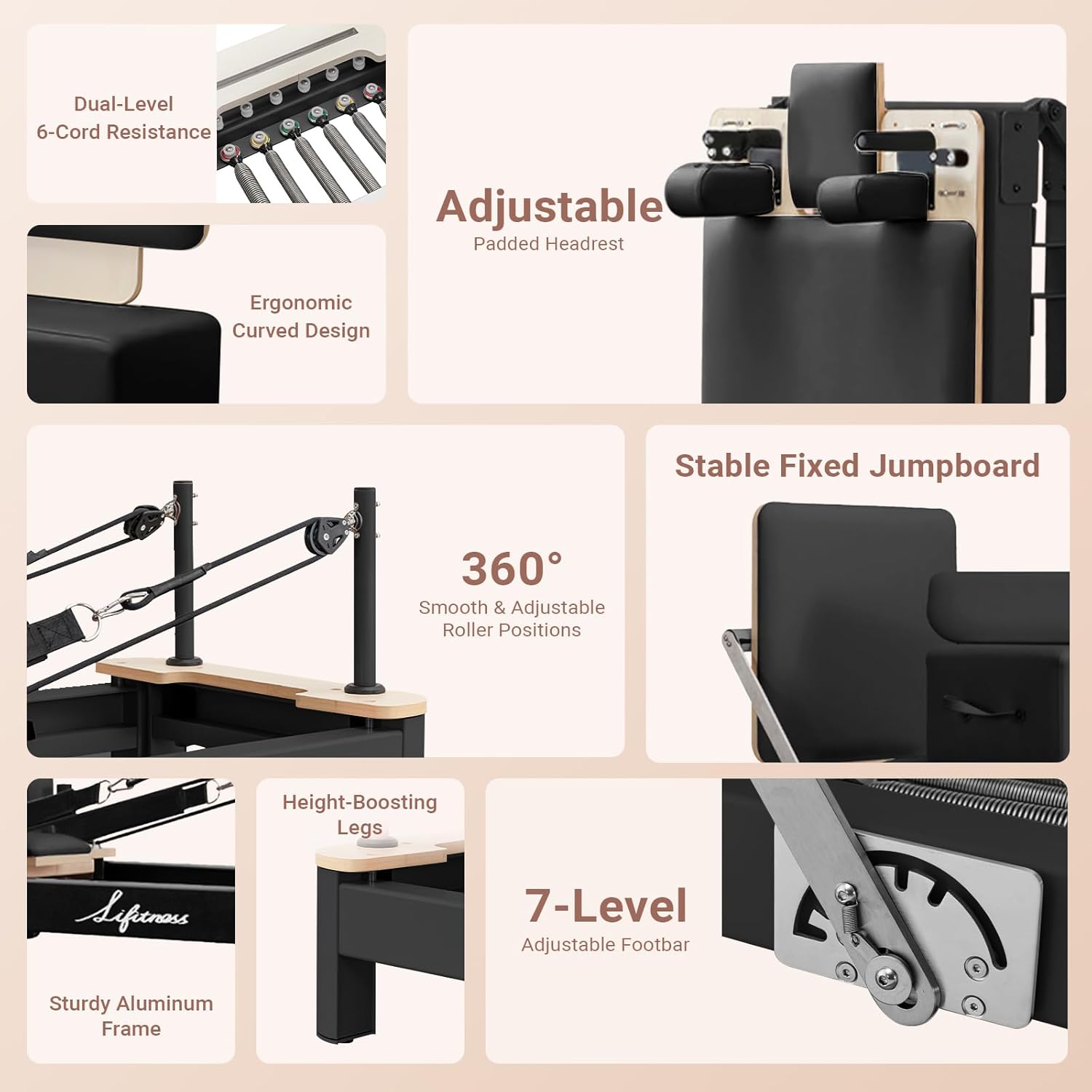 Li Fitness Pilates Reformer Set, Commercial Grade Foldable Pilates Machine with Jumpboard, Reformer Box, Pilates Mat & Socks for Home Workout, Gym Exercise Up to 280kgs/620lbs Capacity