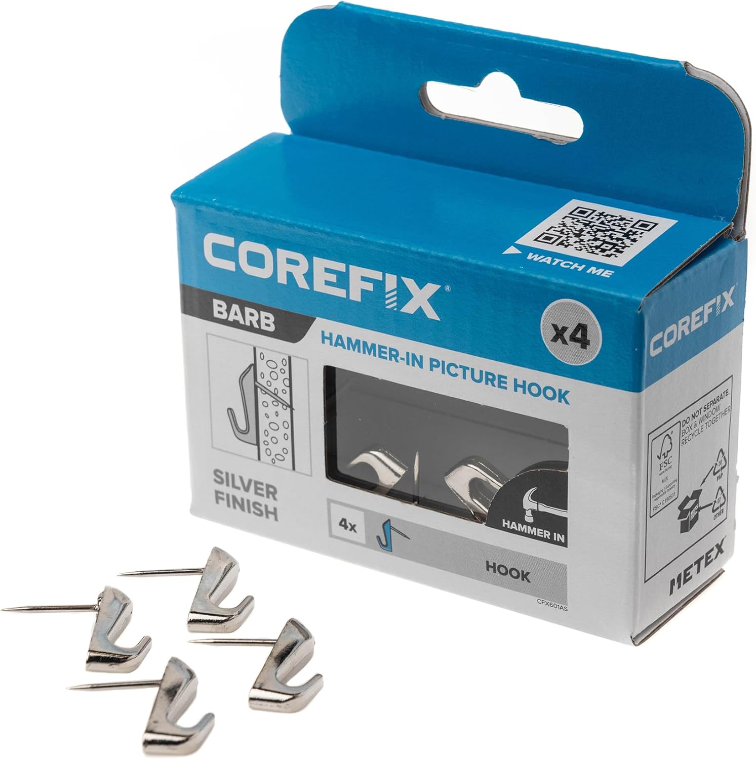 Corefix Barb Wall Hook 4 Pack Universal Hammer-in Picture Hooks, Wall Hooks for Hanging Frames, Mirrors or Canvas into Drywall or Wood. Removable and Reusable Hook with Neat Modern Finish (Silver)