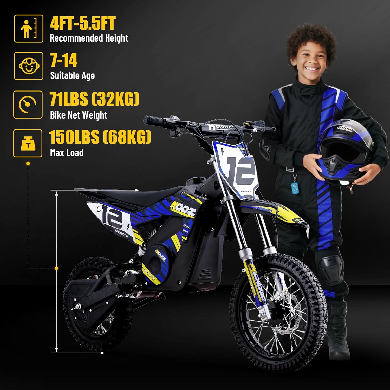 KOOZ HP112E 36V 1000W Electric Dirt Bike for Kids, 3 Speed Modes Teen Electric Motorcycle Up to 18 MPH & 15 Miles Long-Range, Dual Suspension & Disc Brake, 16" Sturdy Tire for Kids Teenagers (Blue)