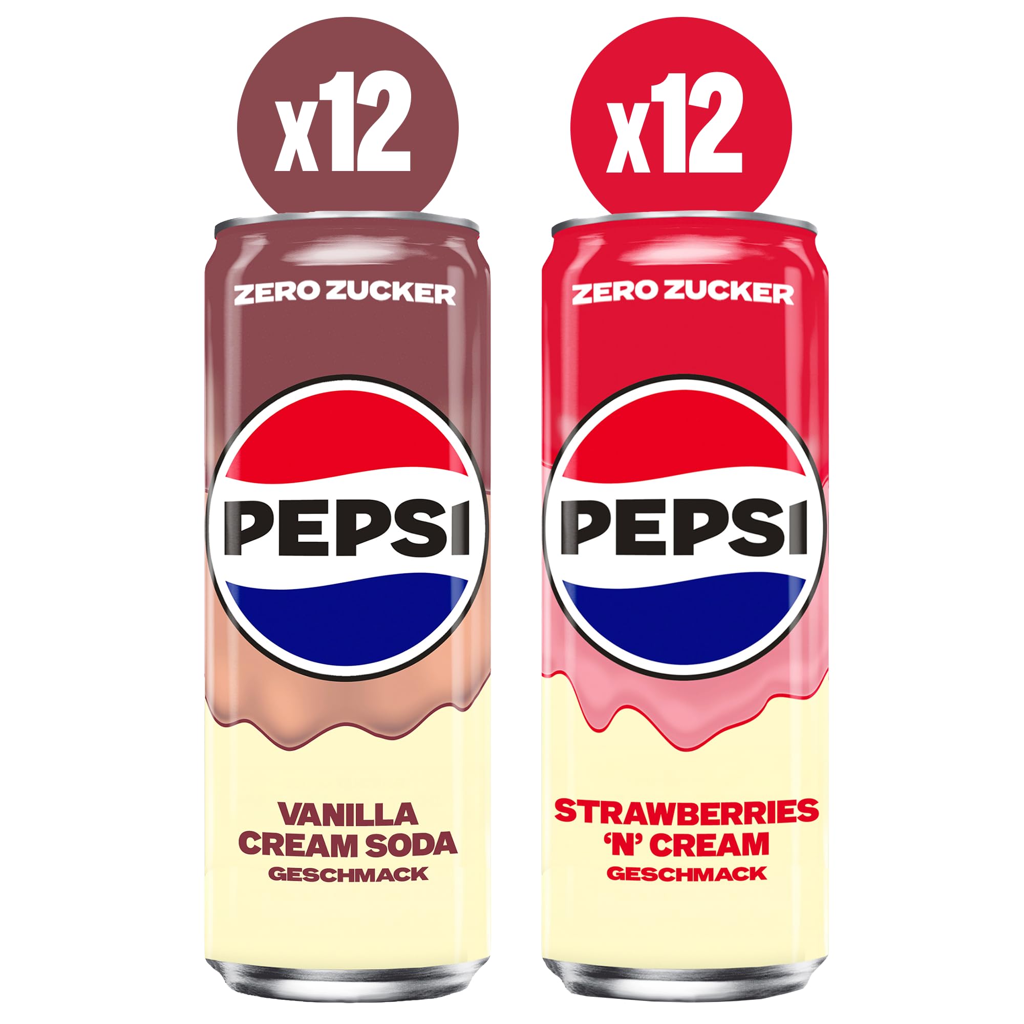 Pepsi Zero Cream Mix 24x330ml – 12x Vanilla Cream Soda & 12x Strawberry – Zuckerfreie Cola-Erfrischung mit Vanille- & Erdbeer-Geschmack