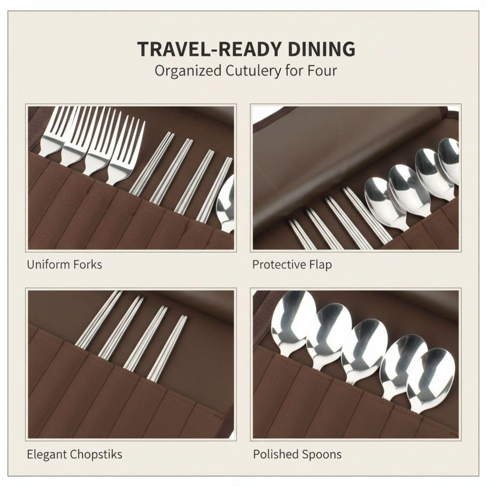 13-teiliges Besteckset für 4 Personen aus Edelstahl, mit 4 Löffeln, 4 Gabeln und 4 Essstäbchen, faltbar im kompakten Reiseetui, ideal für Camping, BBQ, Picknick und Outdoor-Aktivitäten