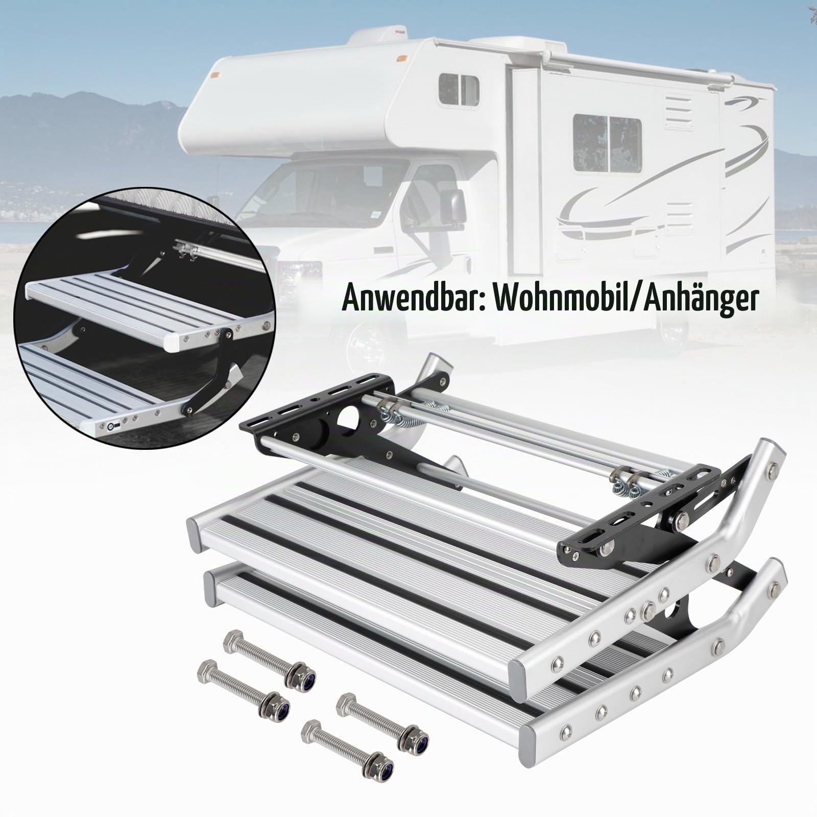 Aluminium Manuelle Doppelte Ausziehbare Klappstufe für Wohnmobil, Wohnwagen, Camper - Verstärktes Rutschfestes Pedal - Leiter - 150 kg Tragfähigkeit