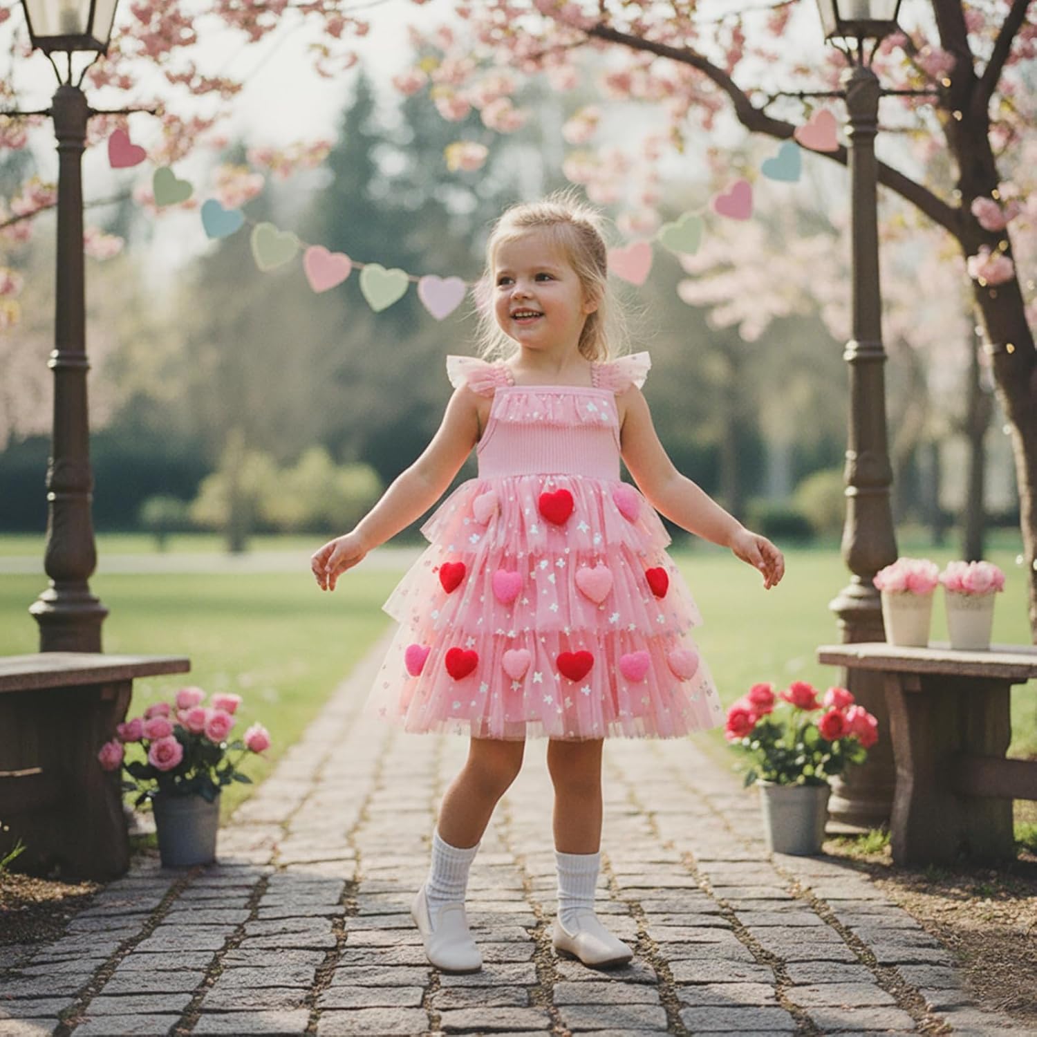 Toddler Girl Valentines Pink Tutu Dress Shiny Star Print Heart Embroidery Tulle Princess Dress Birthday Party Wedding - Image 3