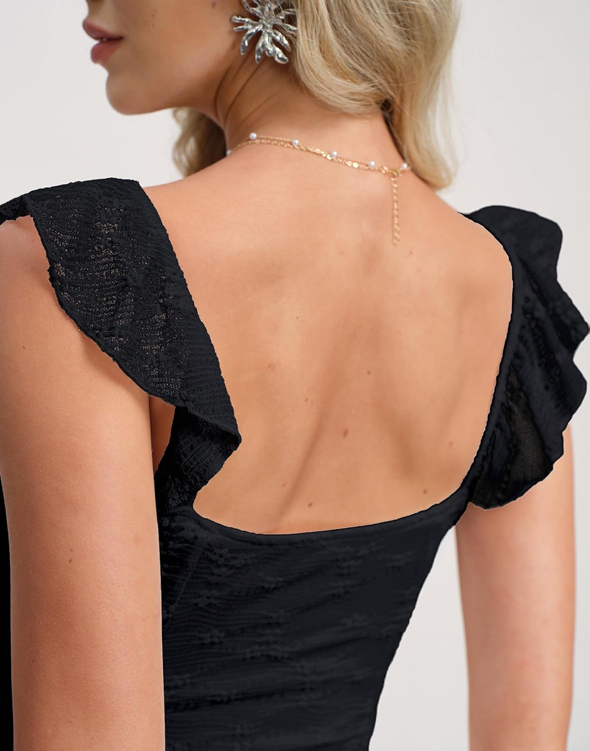 HYPERFIRE Women's Summer Sleeveless Square Neck Dress Tie Front Fully Lined Ruffle Straps Dress Party - Image 7