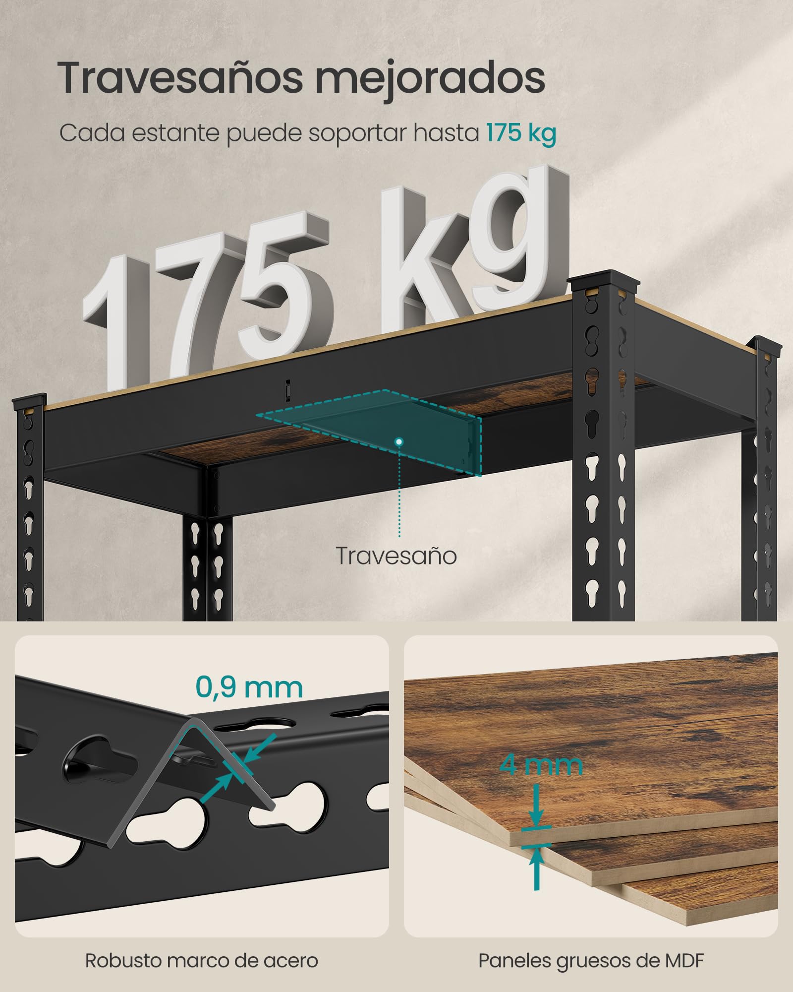 SONGMICS Estantería de 5 Niveles, estantes de Almacenamiento, para Estudio, Montaje sin Tornillos, estantes Ajustables, 30 x 75 x 150 cm, Carga de 875 kg, para cobertizo, almacén, sótano, Cocina