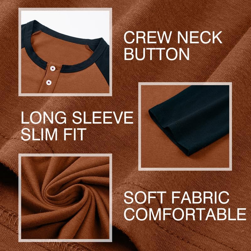 Men's Henley Shirt Fall Crewneck Color Block Slim Fit Long Sleeve T Shirts Button Up Tees - Image 4