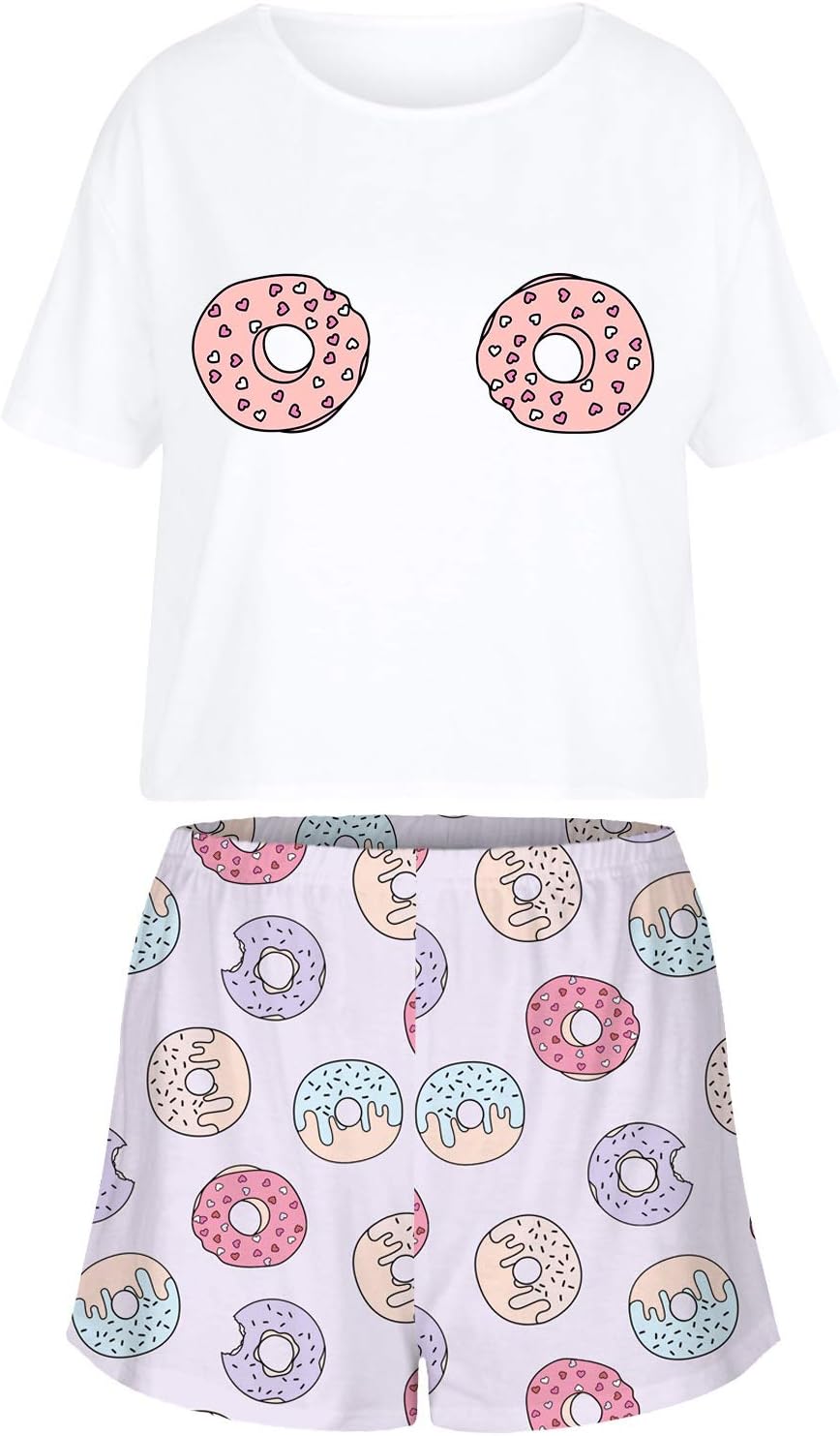 Pajamas for Women Cute Cartoon Print PJs Short Sleeve Tops with Shorts 2 Piece Sleepwear Set