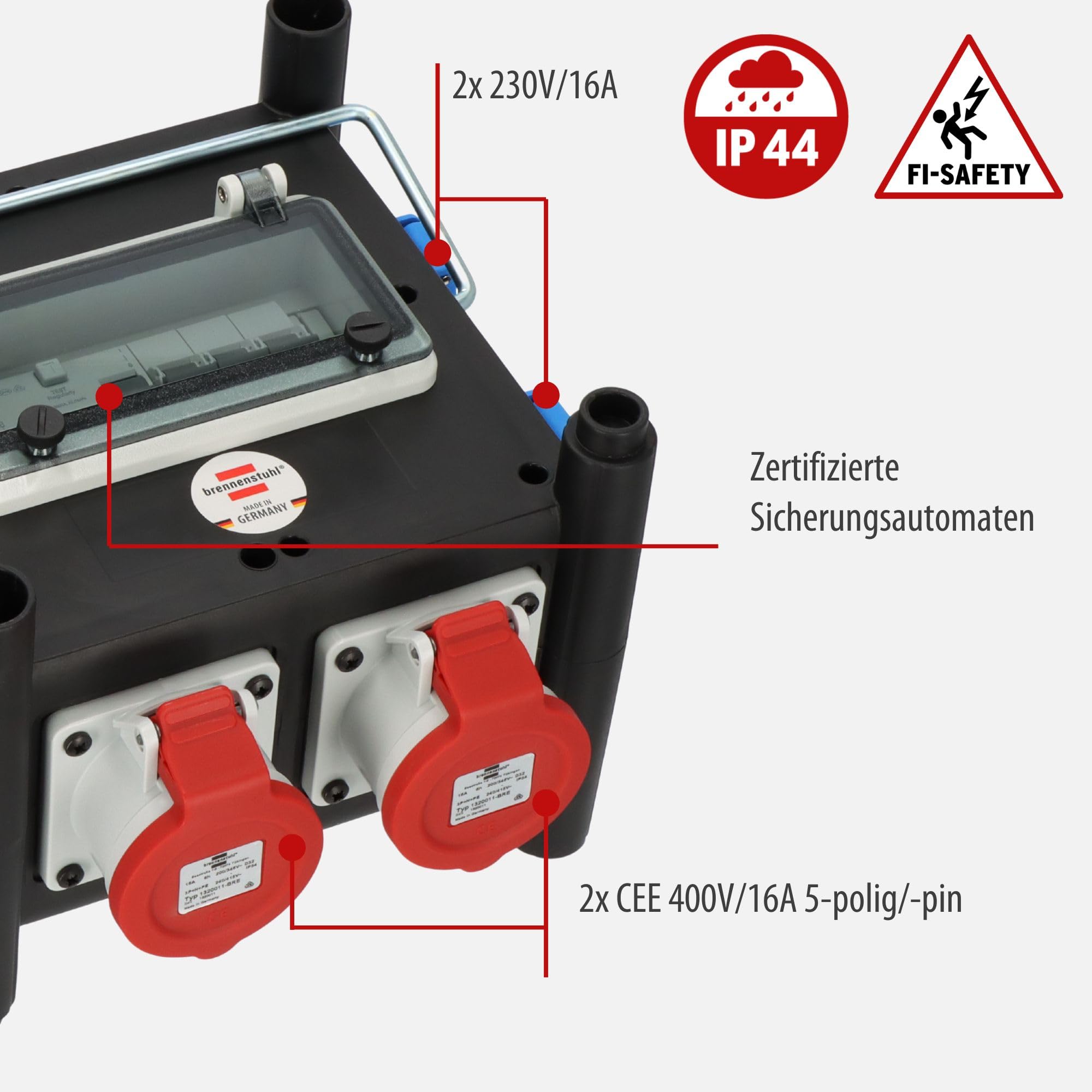 Brennenstuhl Kompakter Gummi-Stromverteiler 2m Kabel 2x CEE 400V/16A 5x 230V/16A FI-Schalter Made in Germany