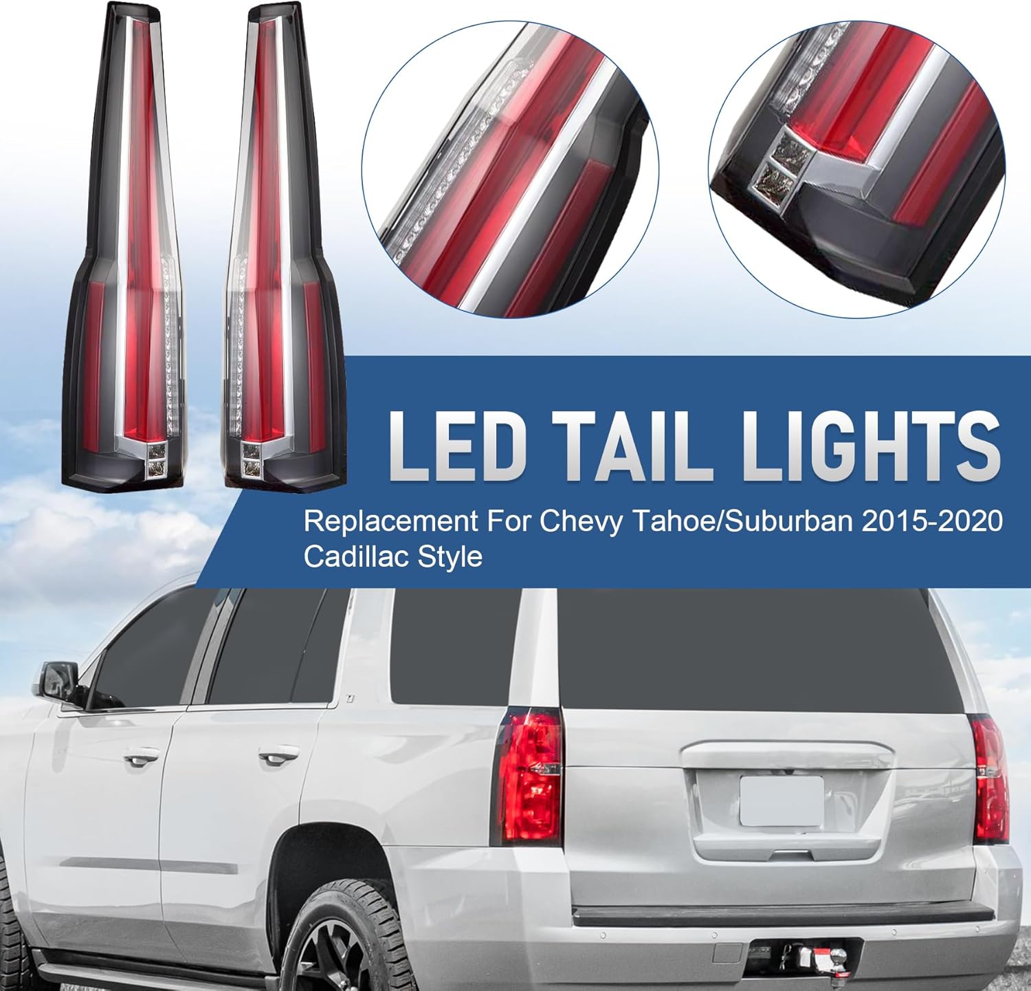 Full Led Tail Lights Assembly Replacement For Chevrolet Tahoe/Suburban Cadillac Style 2015 2016 2017 2018 2019 2020 4 Pins Plug Rear Tail Lamps with Red Turn Signal Driver and Passenger Side