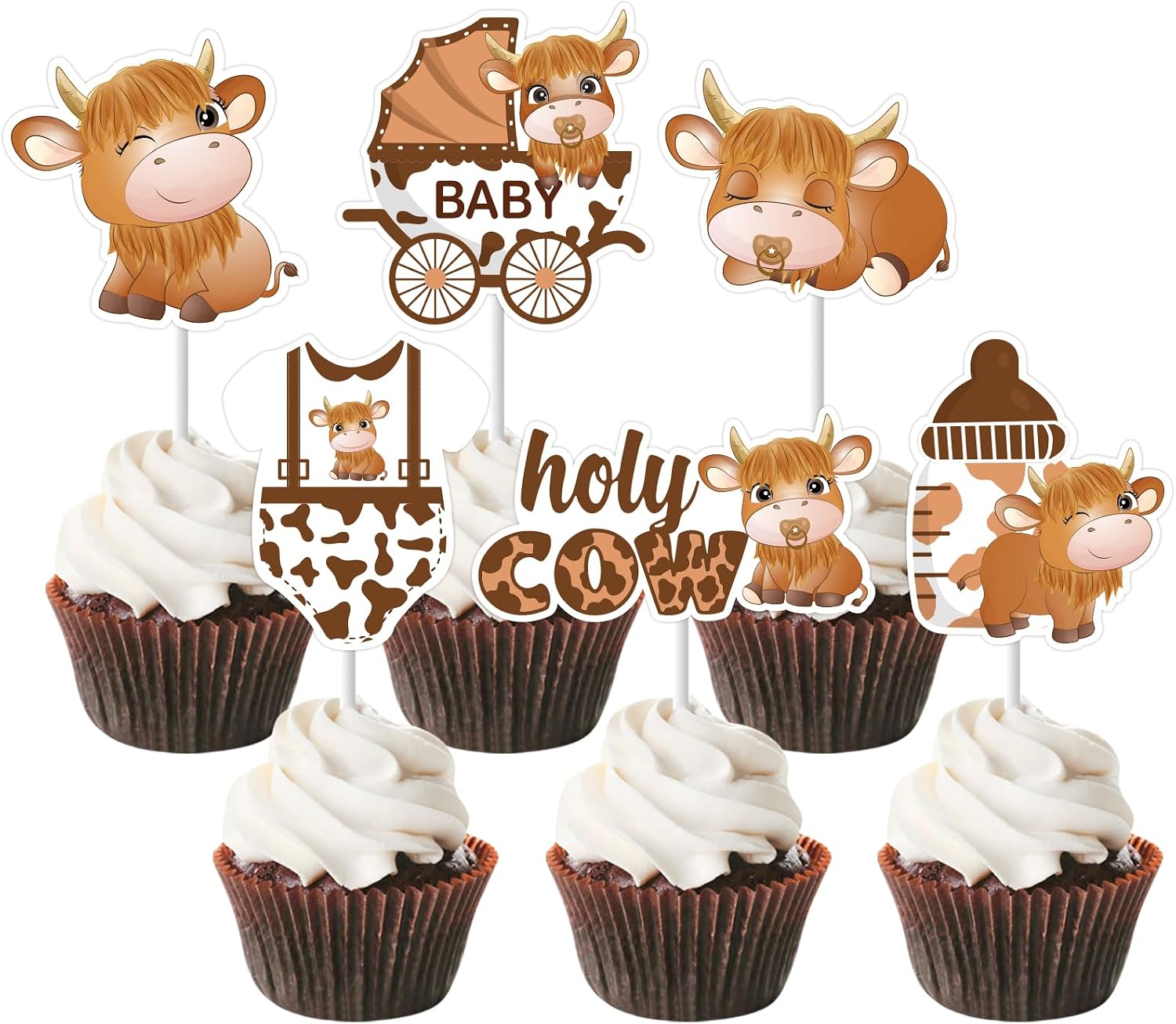 24 Pcs Highland Cow Baby Shower Cupcake Toppers - Cartoon Highland Cow Baby Shower Decorations, Double Sided Highland Cattle Holy Cow Welcome Baby Cake Decor for Pregnancy Newborn Party