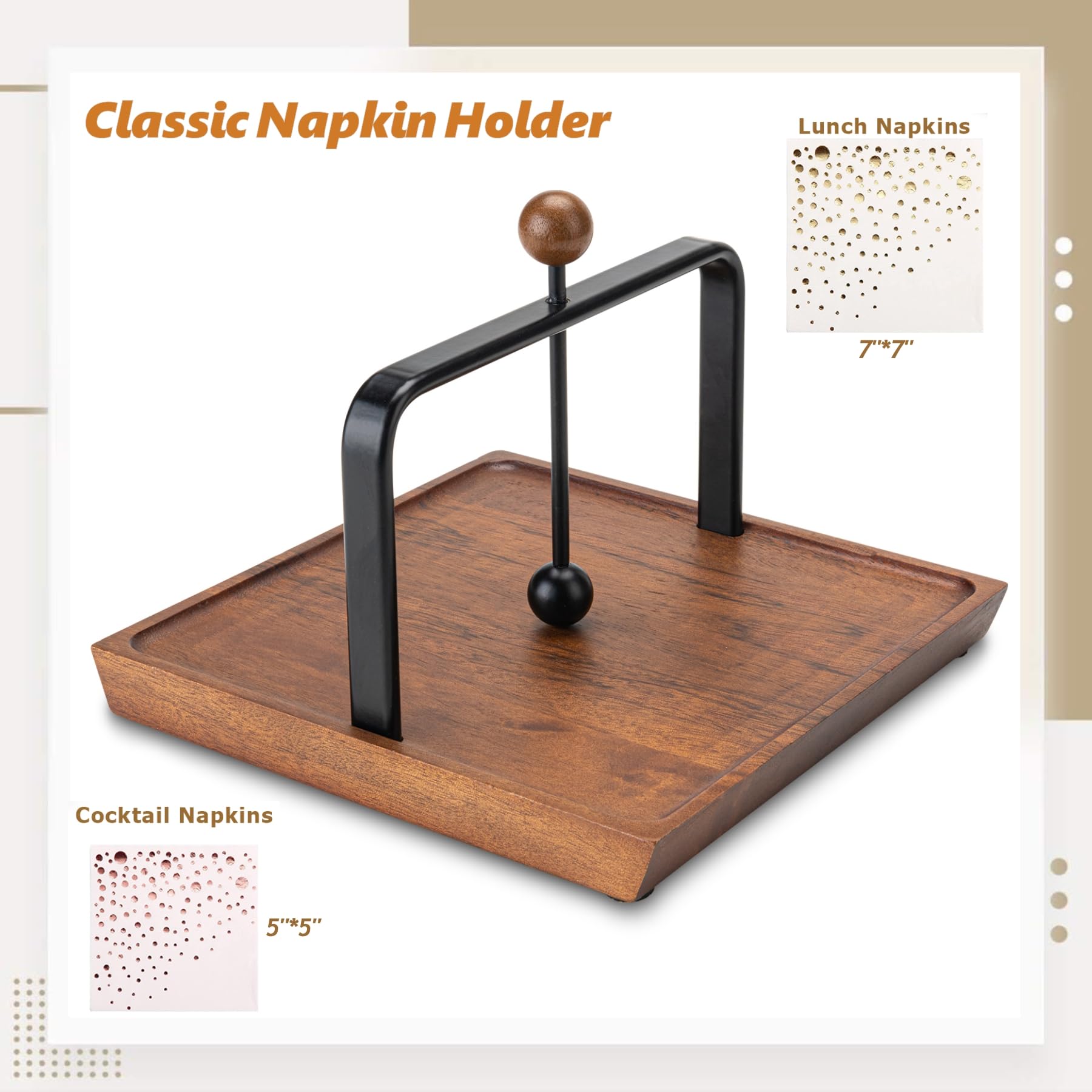 Servilletero para mesa, servilleteros de madera para servilletas de papel, servilletero de cóctel, servilletero plano de madera con brazo y asa para cocina, hotel, cafetería, bar