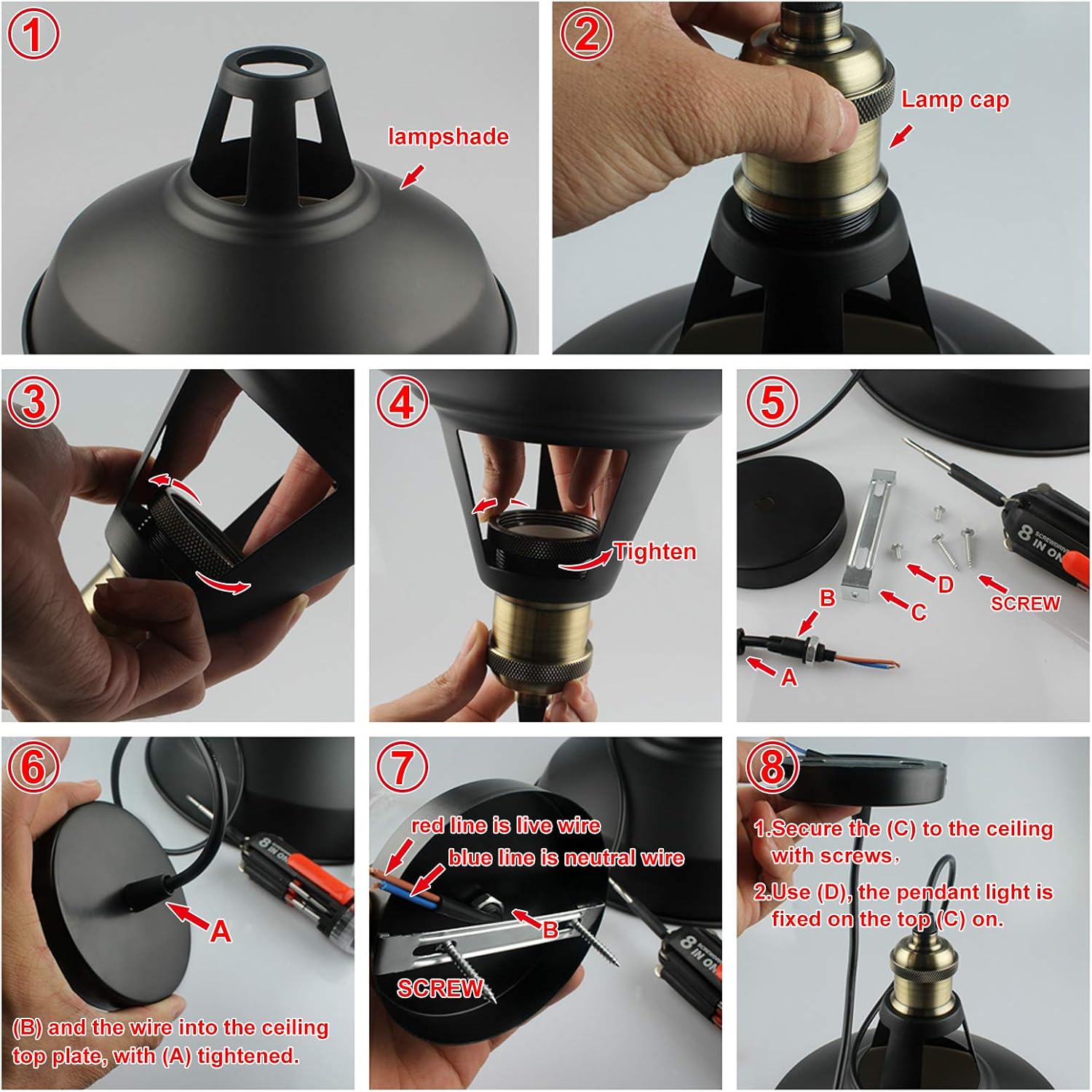 Crеаtіvе Prоduсt B2ocled Pendant Lighting Retro Pendant Light Industrial Vintage Style 1 Light E26/E27 Based Lamp Shade for The Kitchen, Bedroom, Dining Room, Living Room, Porch (Black Out-White Inside, 10.63 inch)