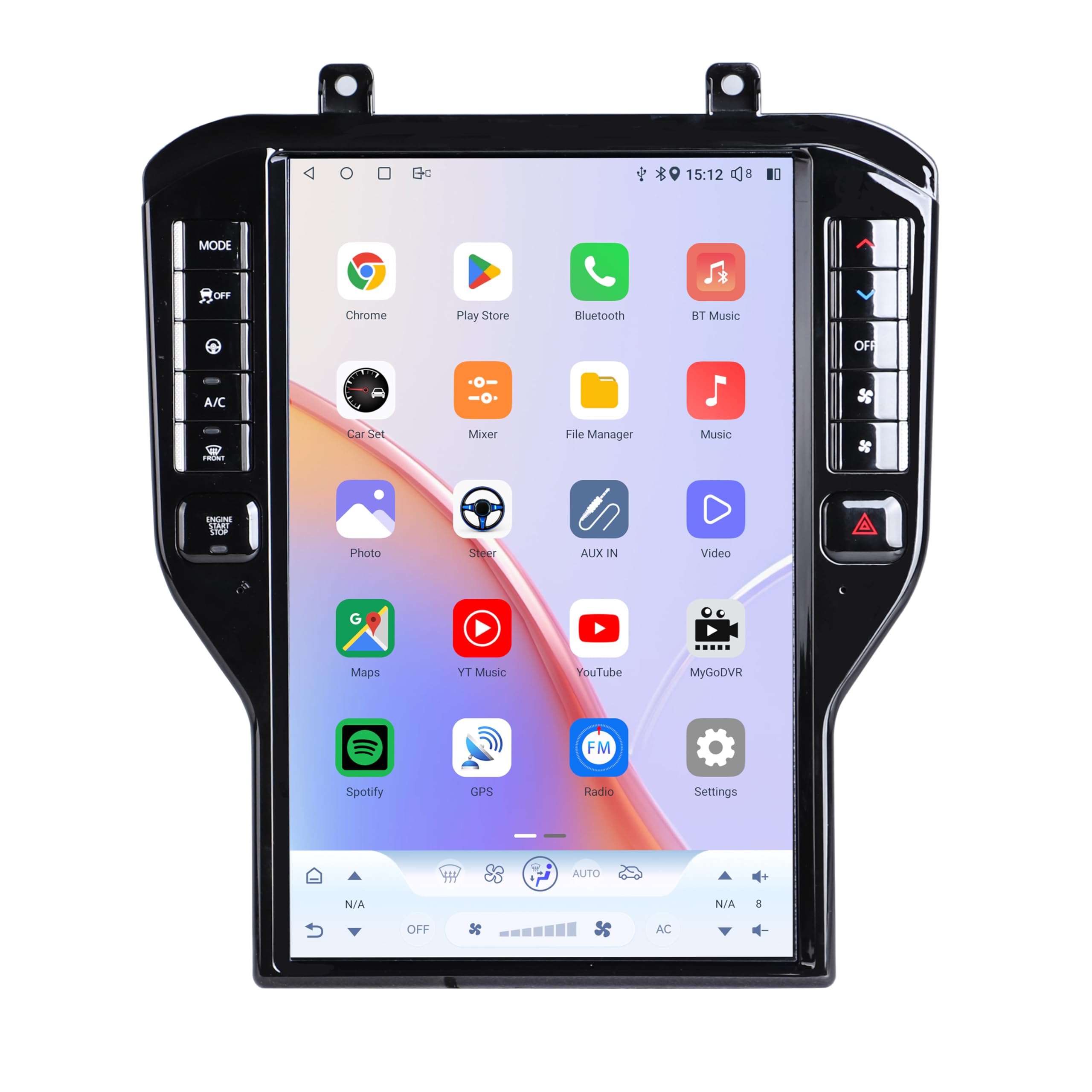 ZWNAV 14.5 Inch Android 13 Multimedia Player installed in a Ford Mustang dashboard, displaying a radio interface.