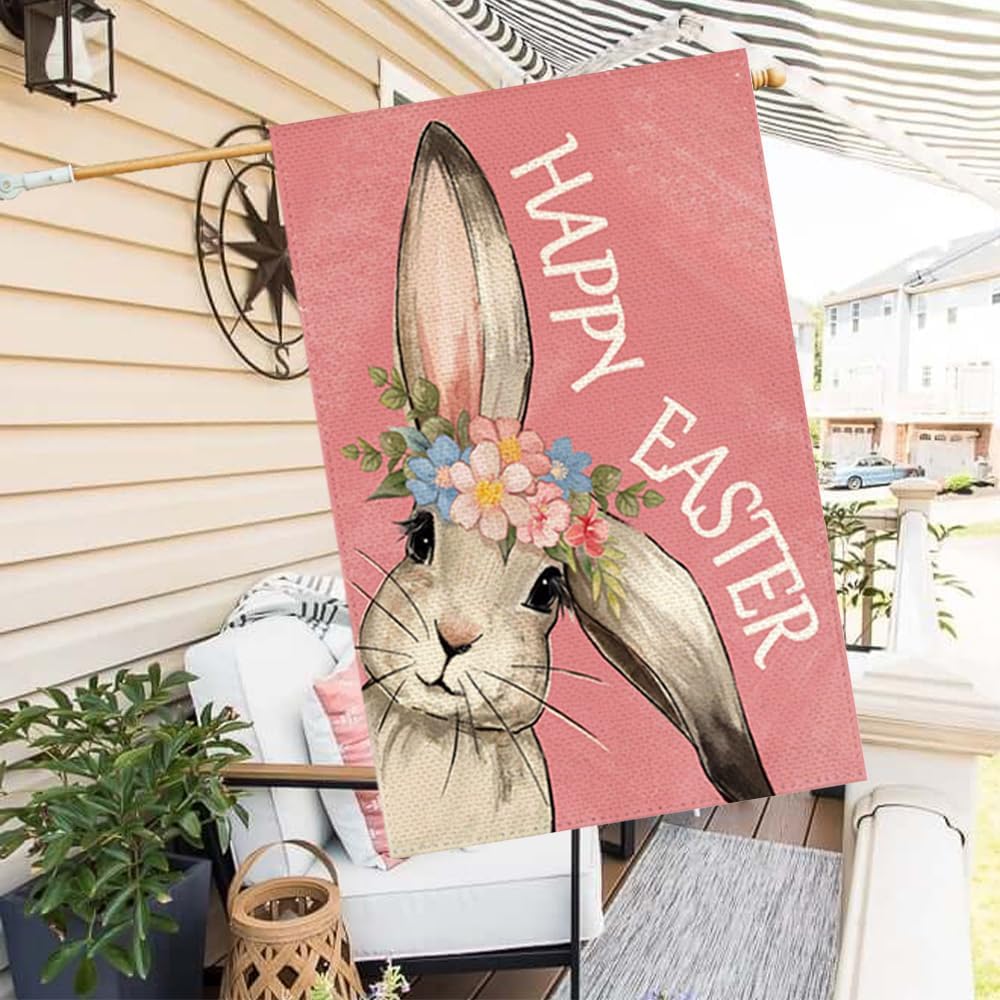RABUSOFA Happy Easter Bunny House Garden Flag 28x40 Inch Double Sided Outside, Rabbit Flower Yard Outdoor Decoration Pink Large - Image 4