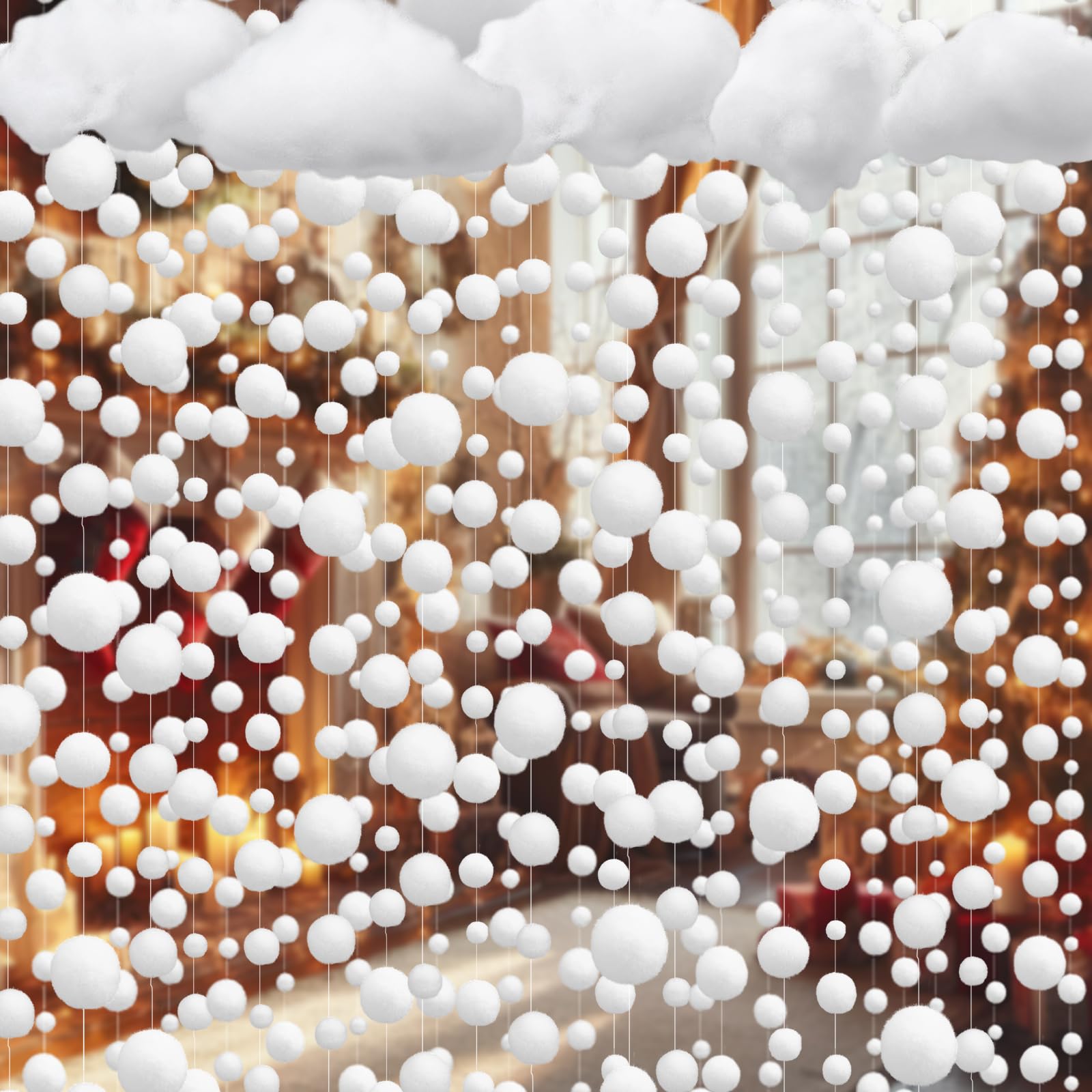 VioraWhite Christmas Snowball Garland 5.3OZ Faux Snow Cloud White Felt Ball String Decor DIY Pom Pom Garland Hanging Ceiling Decor Ornaments for Winter Christmas Tree Party Decorations
