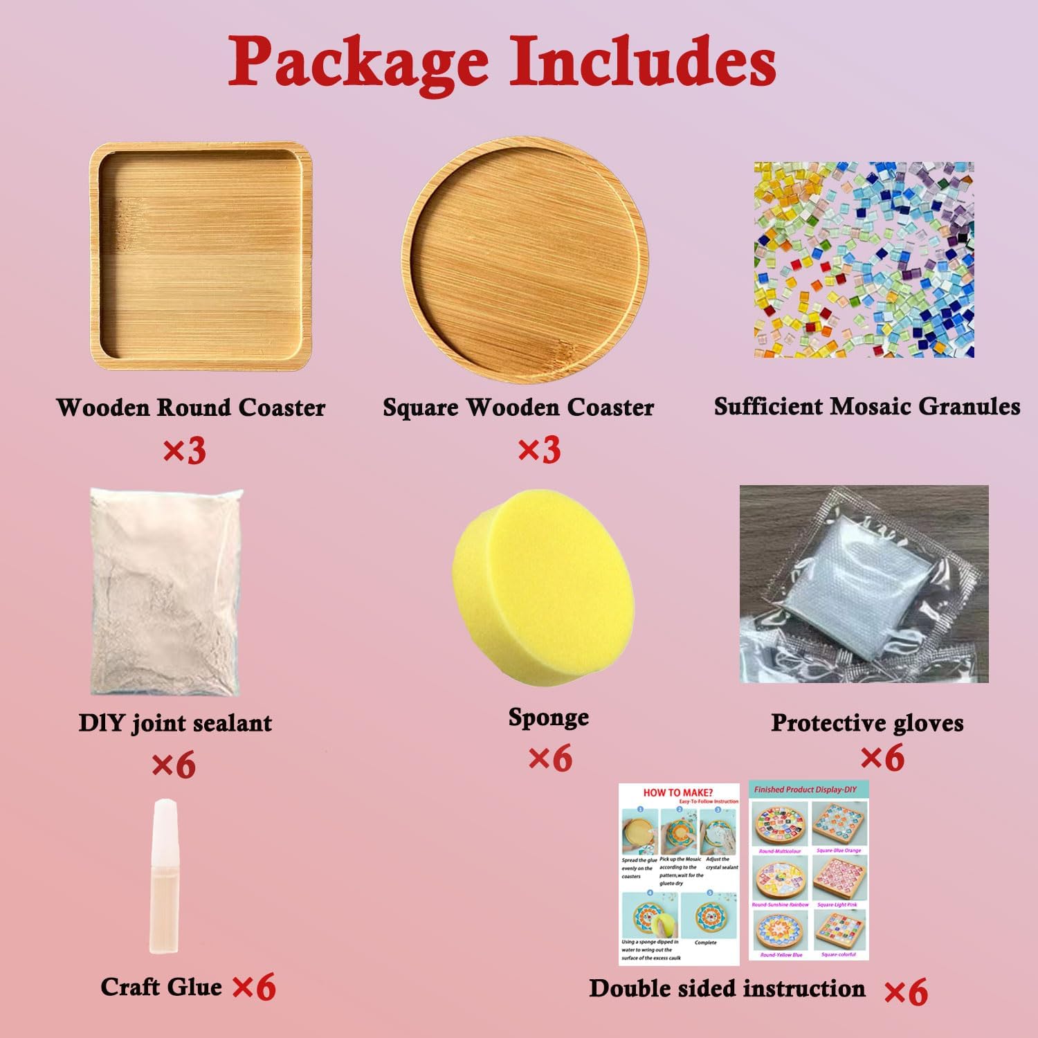 6 Sets DlY Mosaic Tiles for Crafts,Mixed Color Glass Mosaic Kits with Wooden Coaster for Adults,DlY Coasters Kit Mosaic Supplies for Handmade Home Decoration Gift (Round and Square)