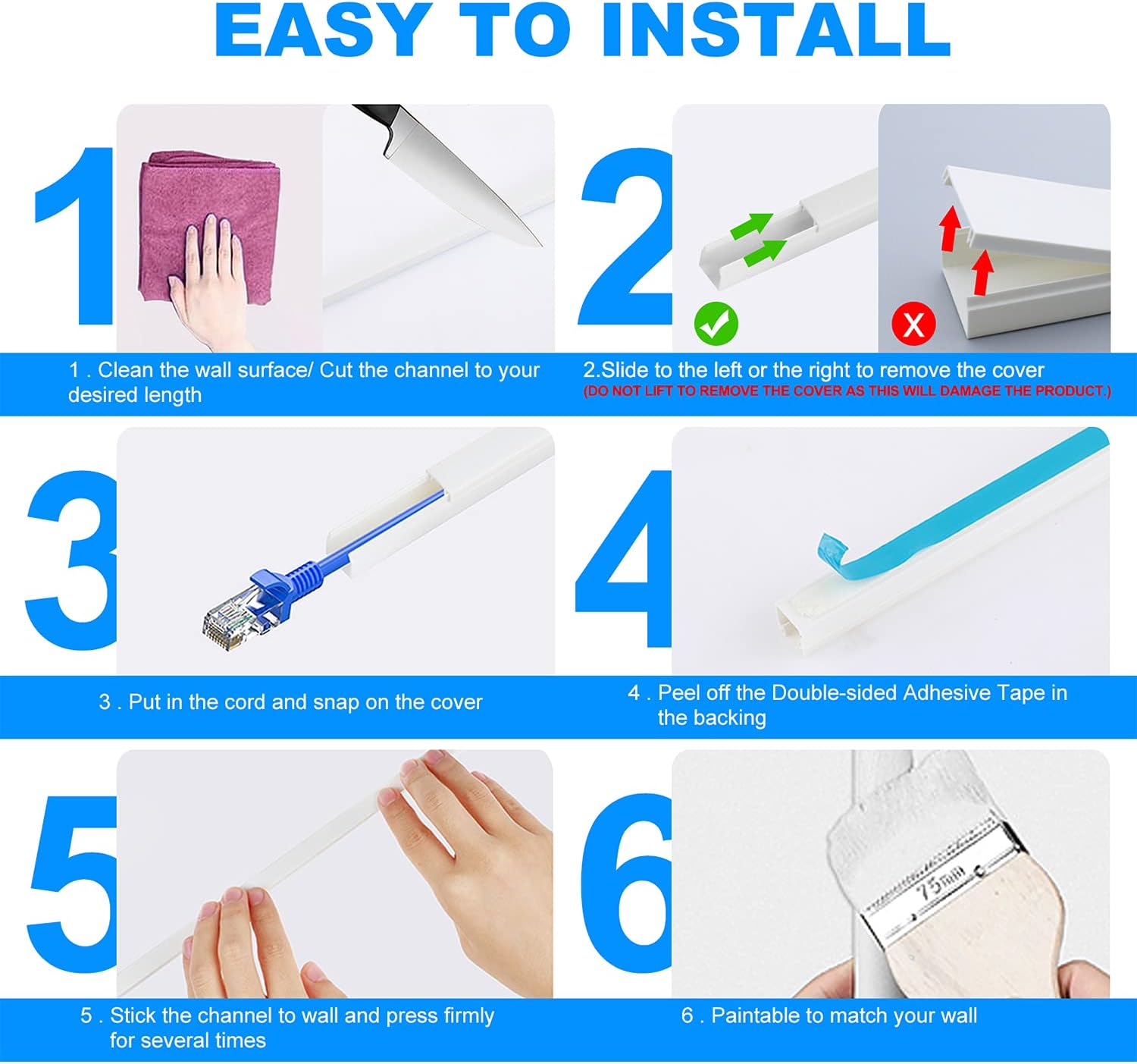 PQPB Cord Cover Wall 142in Cable Concealer Channel Paintable Cord Hider Cable Raceway Management for Hiding Wall Mount Ethernet Cable Computer Cords in Home Office, 9X L16in X W0.4in X H0.4in, White : Electronics