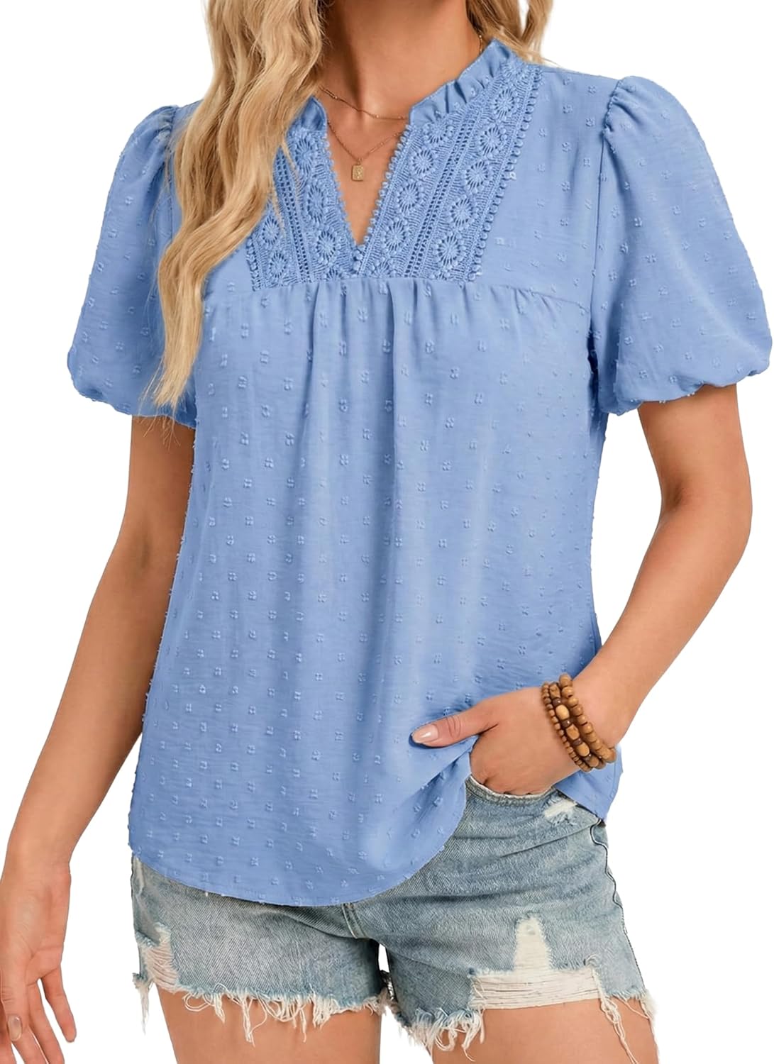 Funlingo Womens Boho Tops Summer Short Puff Sleeve V Neck Blouses Dressy Casual Flowy Swiss Dot Lace Crochet Shirts